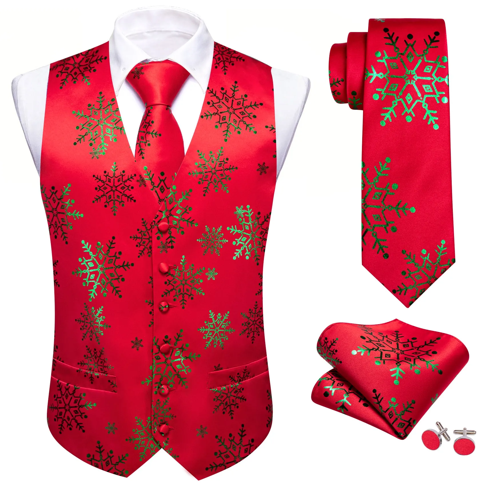 Christmas Green Red Xmas Snowflake Waistcoat Vest Tie Hanky Cufflinks Set sold by Barrywang product image thumbnail 5