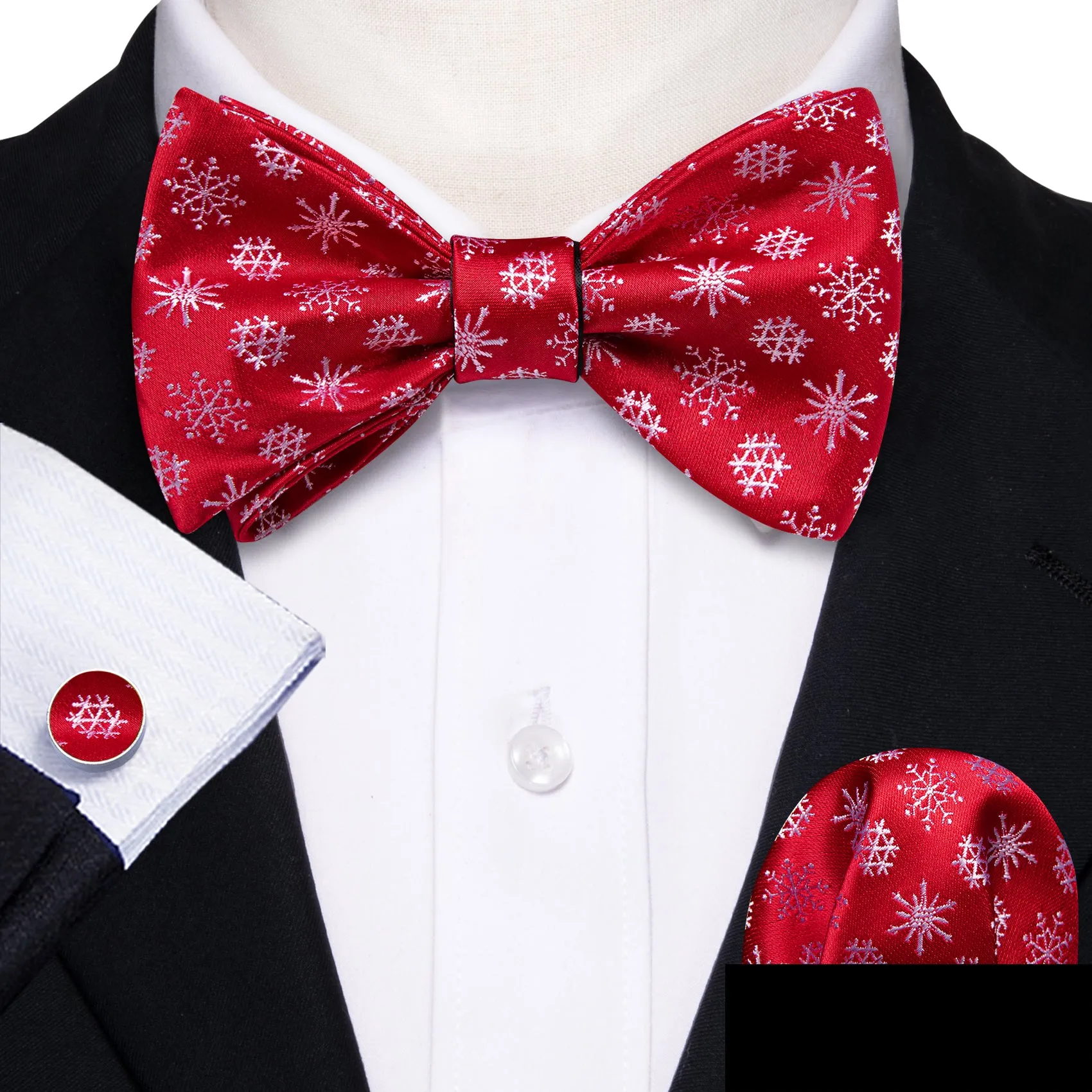 Christmas Red White Snowflake Silk Self Tie Bow Tie Hanky Cufflinks Set sold by Barrywang product image thumbnail 3
