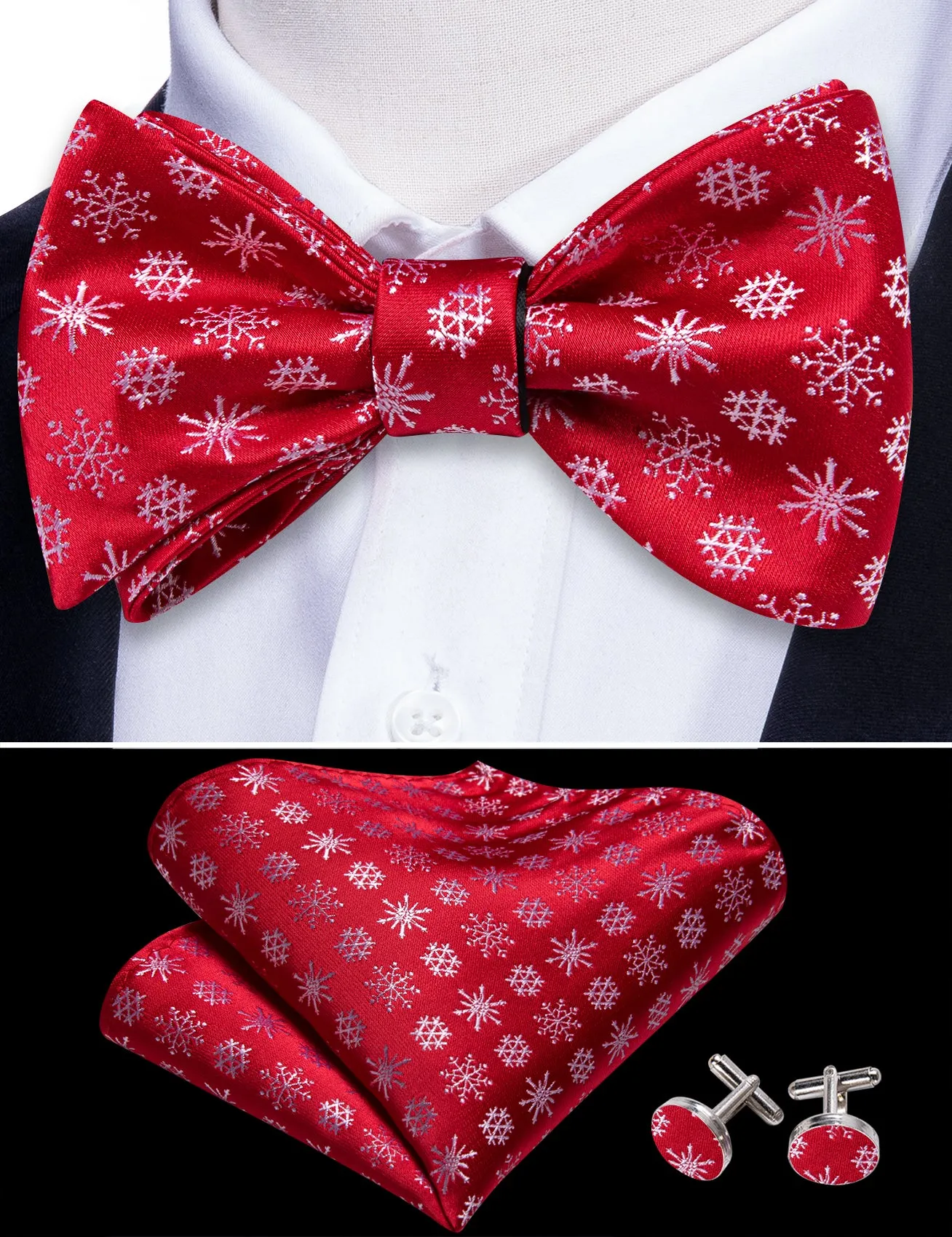Christmas Red White Snowflake Silk Self Tie Bow Tie Hanky Cufflinks Set sold by Barrywang