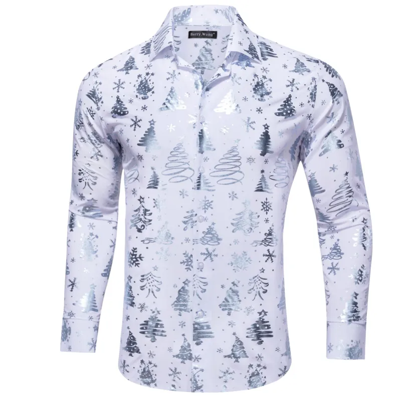 Christmas White Silver Xmas Pattern Floral Silk Men's Shirt sold by Barrywang