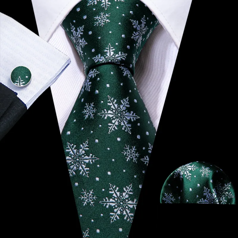 Christmas Green White Snowflake Tie Handkerchief Cufflinks Set sold by Barrywang