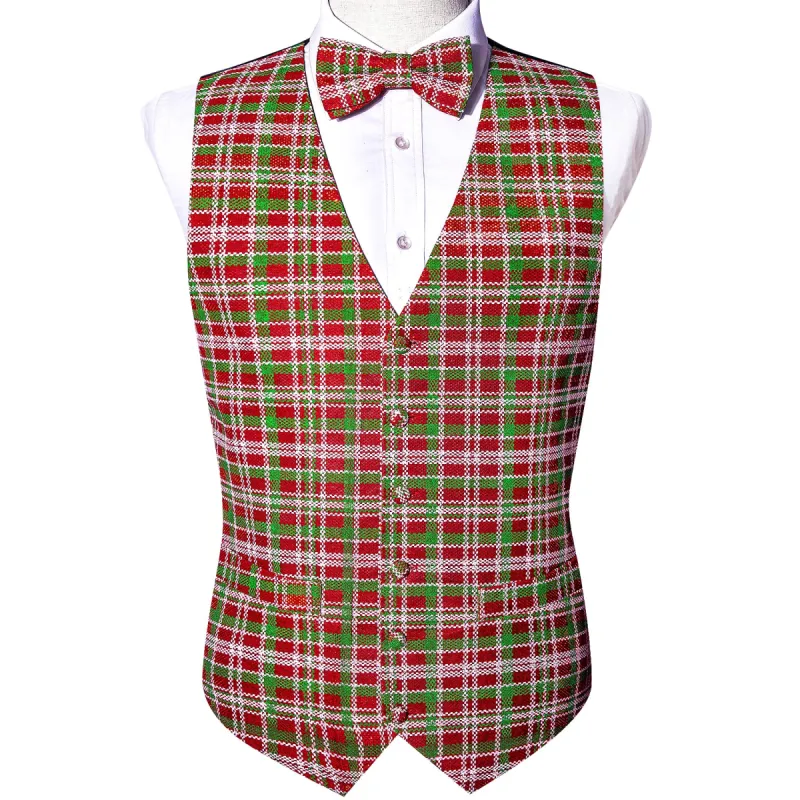 Christmas Men's Red Green Plaid Silk Bowtie V-Neck Waistcoat Vest Set sold by Barrywang