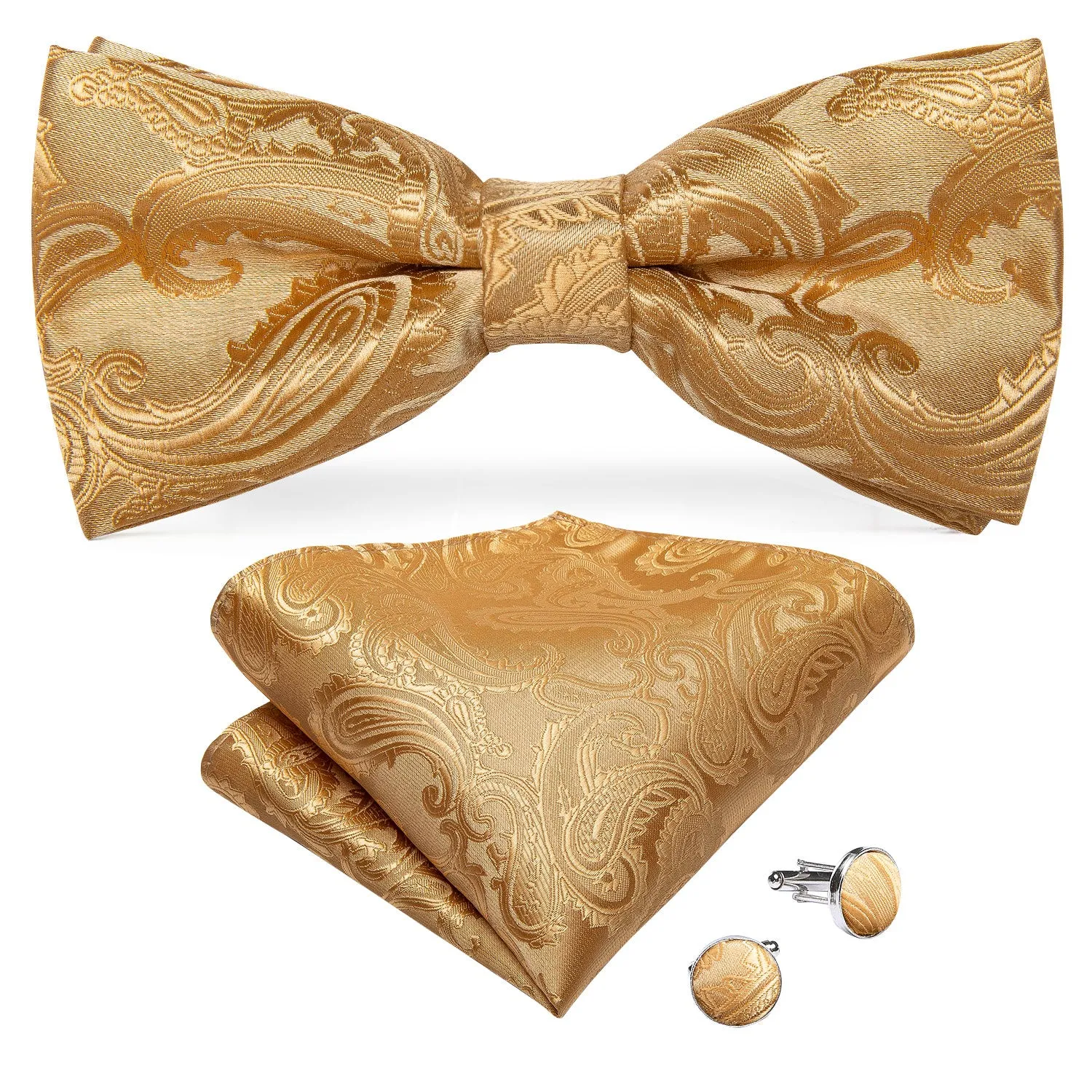 Men's Golden Paisley Silk Vest Bow tie Pocket square Cufflinks Set sold by Barrywang product image thumbnail 4