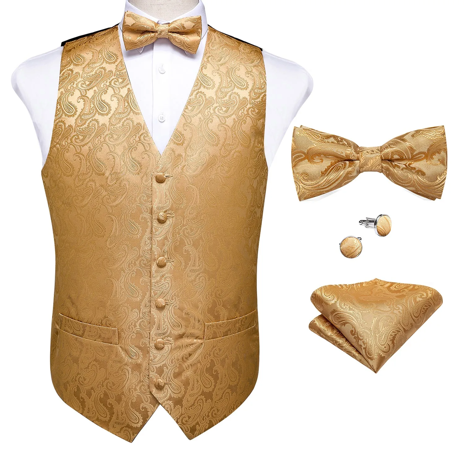 Men's Golden Paisley Silk Vest Bow tie Pocket square Cufflinks Set sold by Barrywang product image thumbnail 2