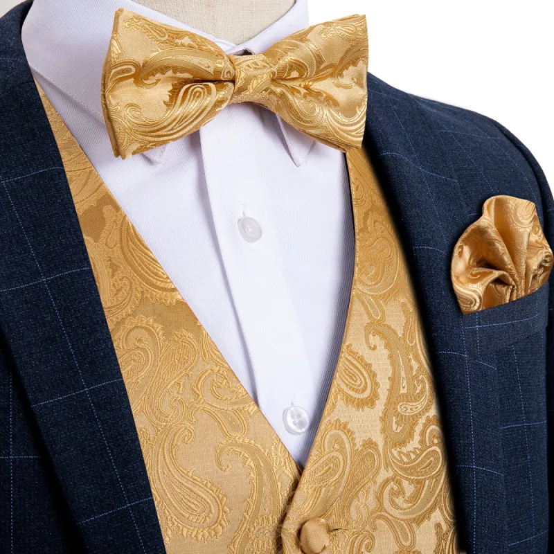 Men's Golden Paisley Silk Vest Bow tie Pocket square Cufflinks Set made by Barrywang