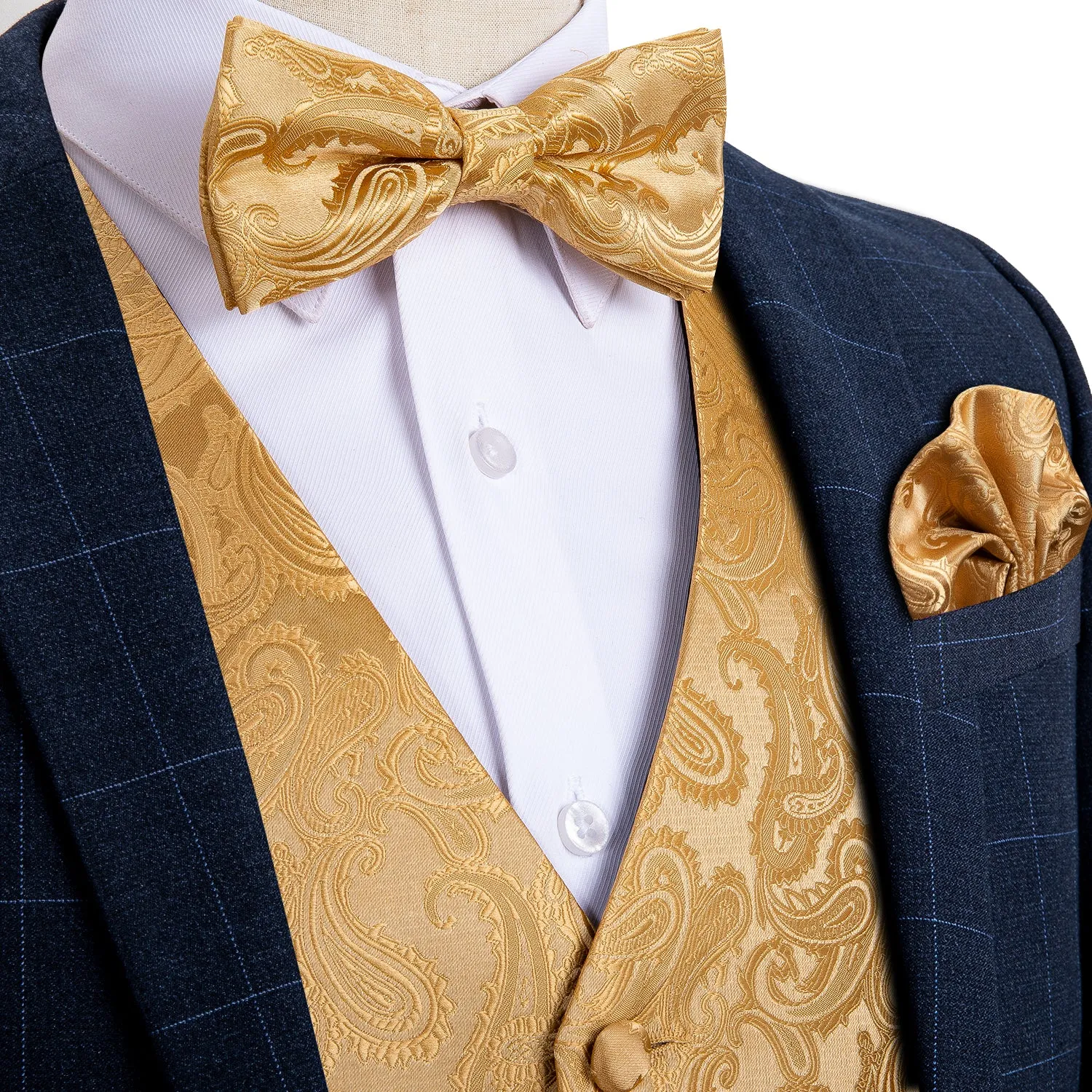 Men's Golden Paisley Silk Vest Bow tie Pocket square Cufflinks Set sold by Barrywang