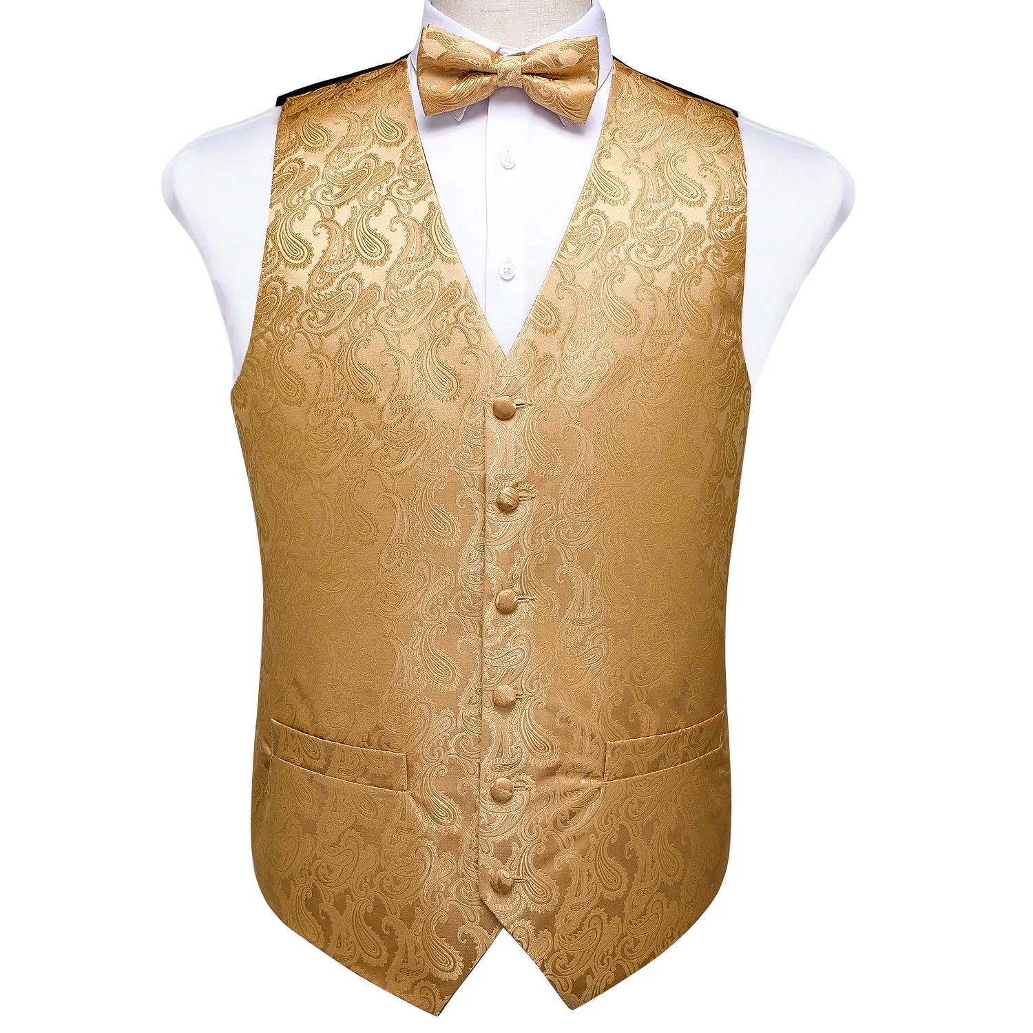 Men's Golden Paisley Silk Vest Bow tie Pocket square Cufflinks Set sold by Barrywang product image thumbnail 3