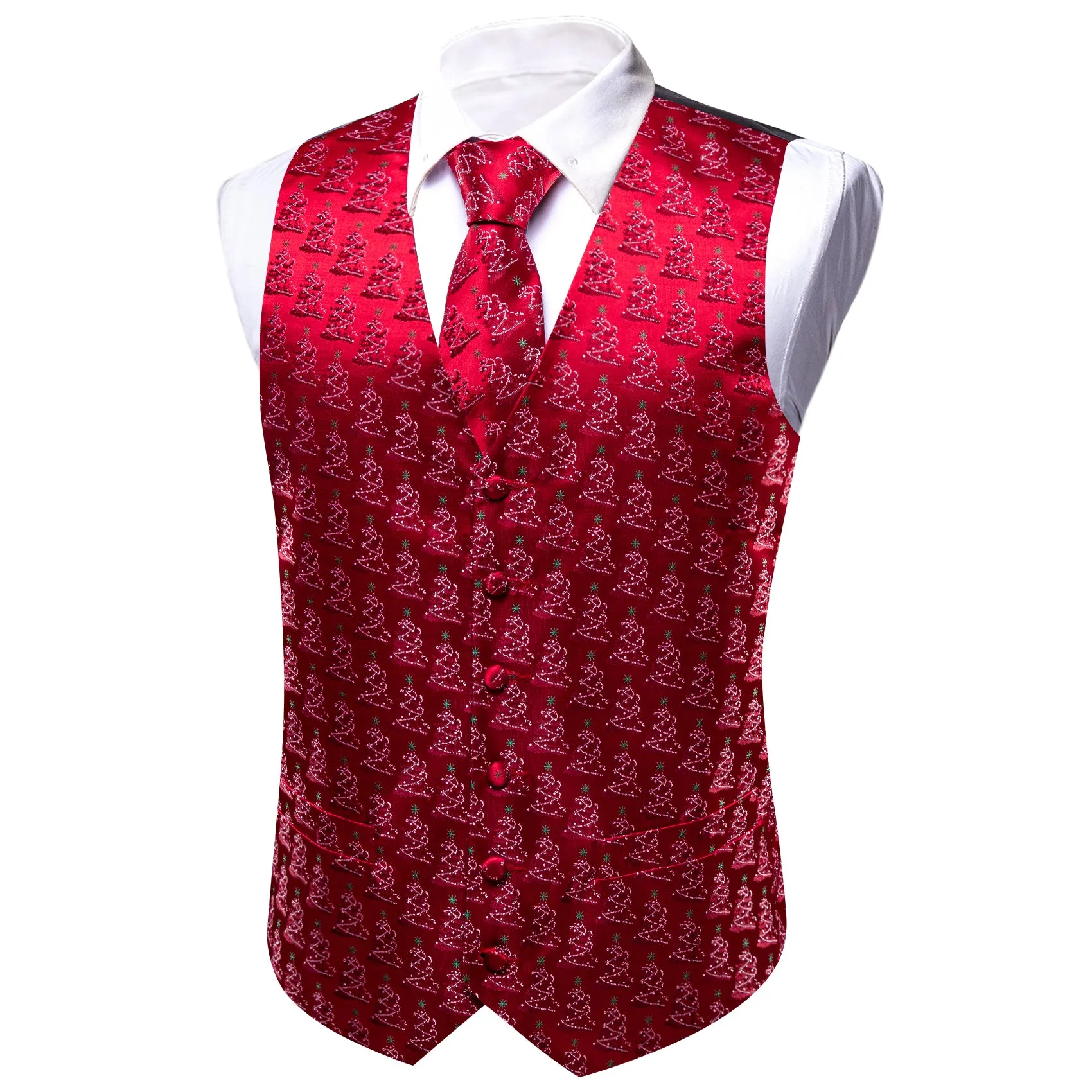 Barry. Wang Christmas Strong Red Tree Silk Tie Waistcoat Vest Hanky Cufflinks Set sold by Barrywang product image thumbnail 3