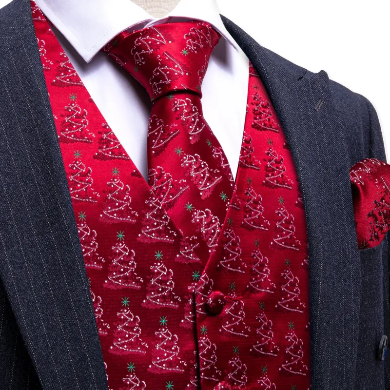 Christmas Strong Red Tree Silk Tie Waistcoat Vest Hanky Cufflinks Set sold by Barrywang