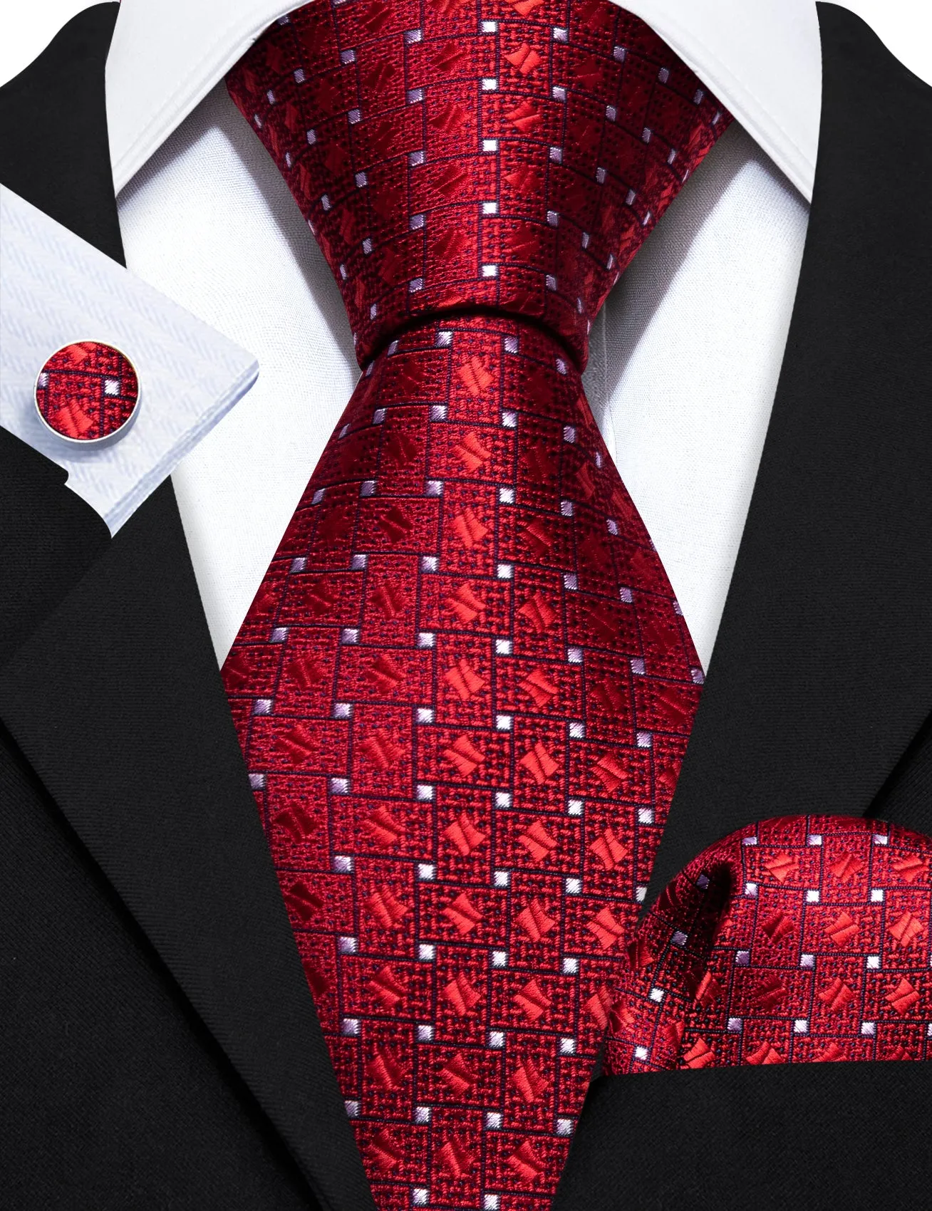 Red White Plaid Silk Tie Handkerchief Cufflinks Set sold by Barrywang product image thumbnail 5