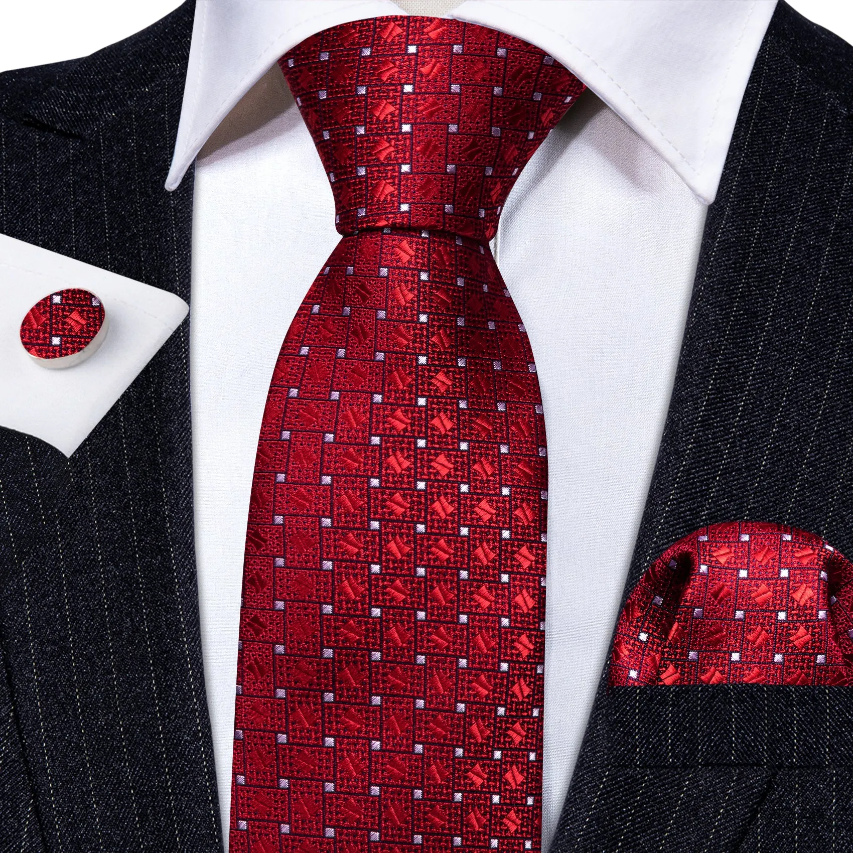 Red White Plaid Silk Tie Handkerchief Cufflinks Set sold by Barrywang product image thumbnail 3