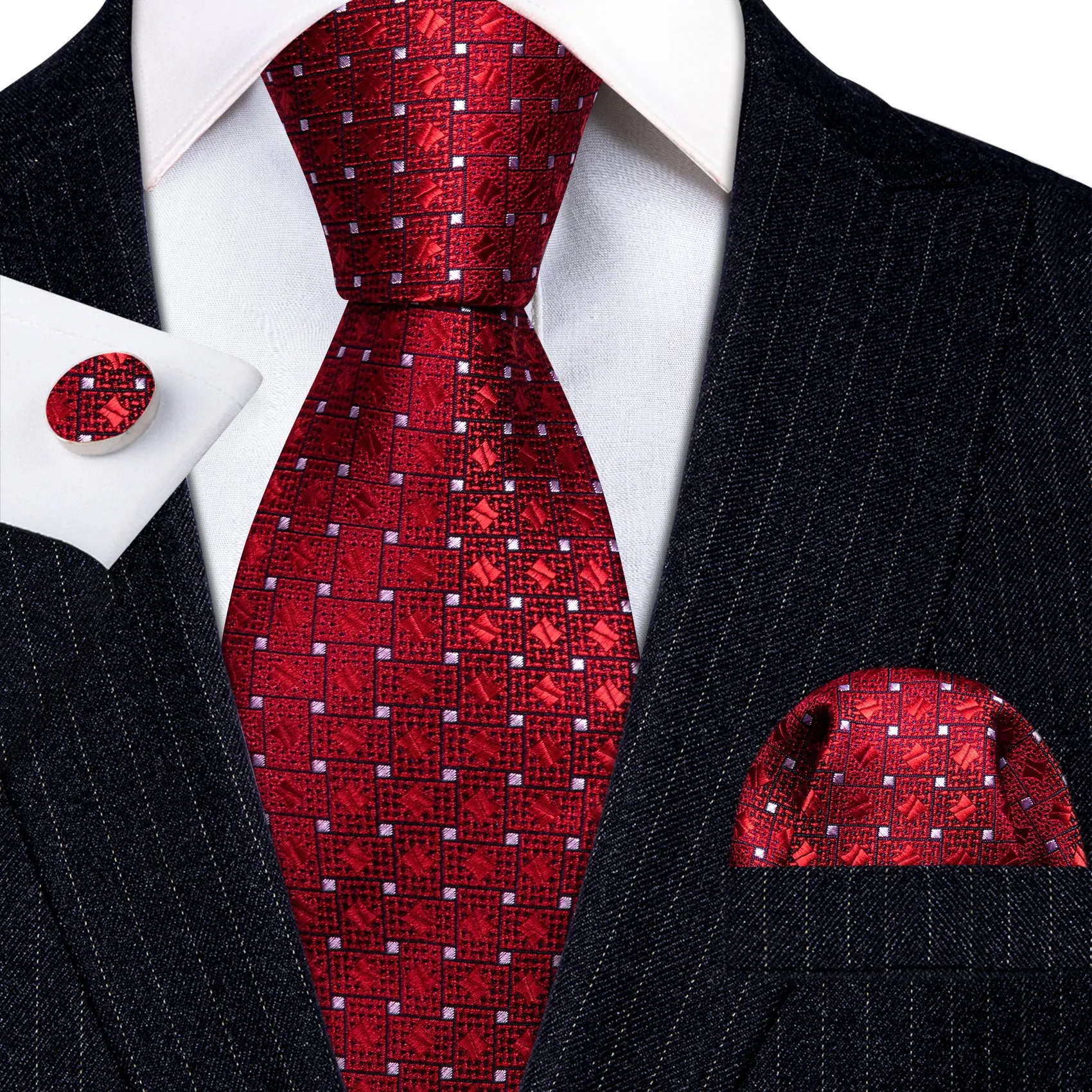 Red White Plaid Silk Tie Handkerchief Cufflinks Set sold by Barrywang product image thumbnail 2