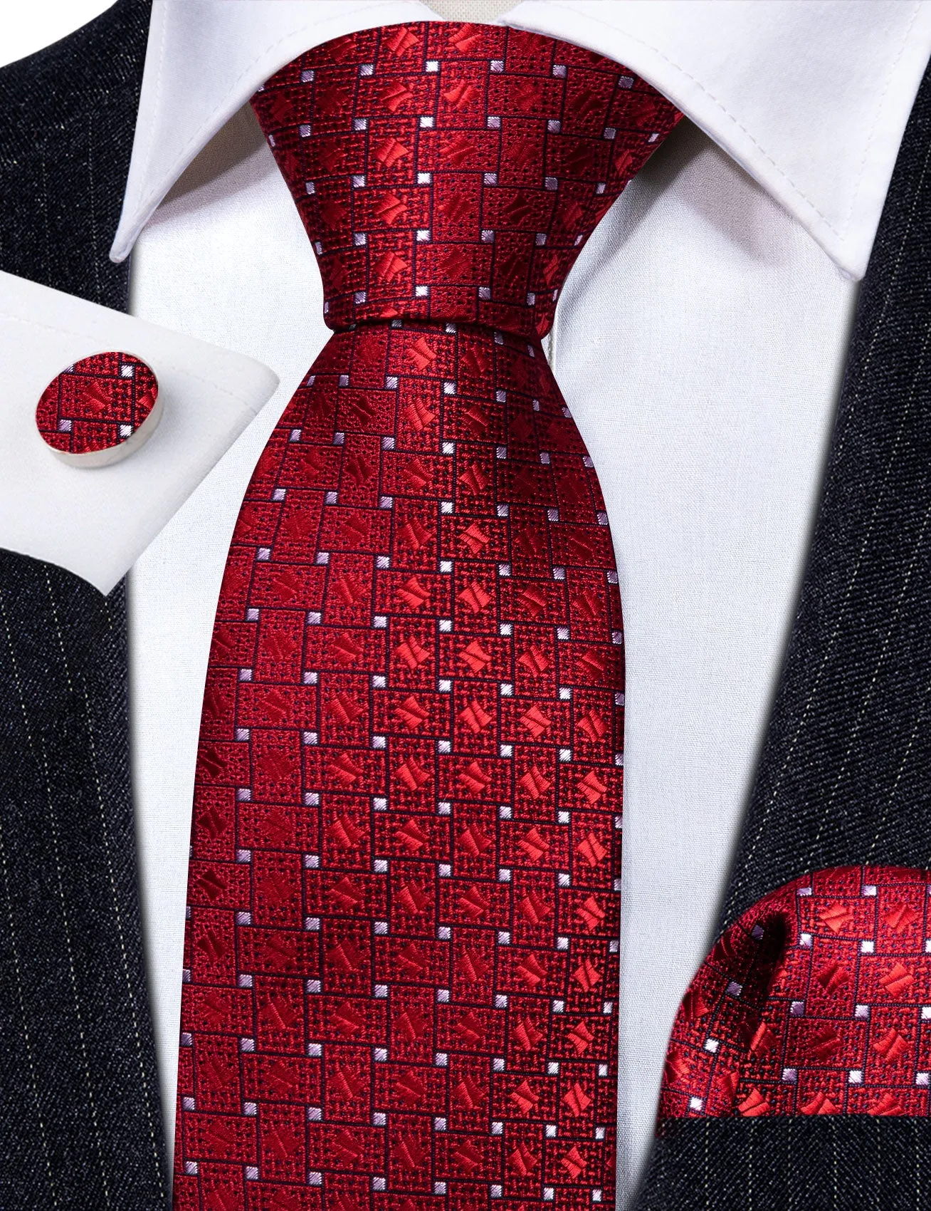 Red White Plaid Silk Tie Handkerchief Cufflinks Set sold by Barrywang product image thumbnail 4