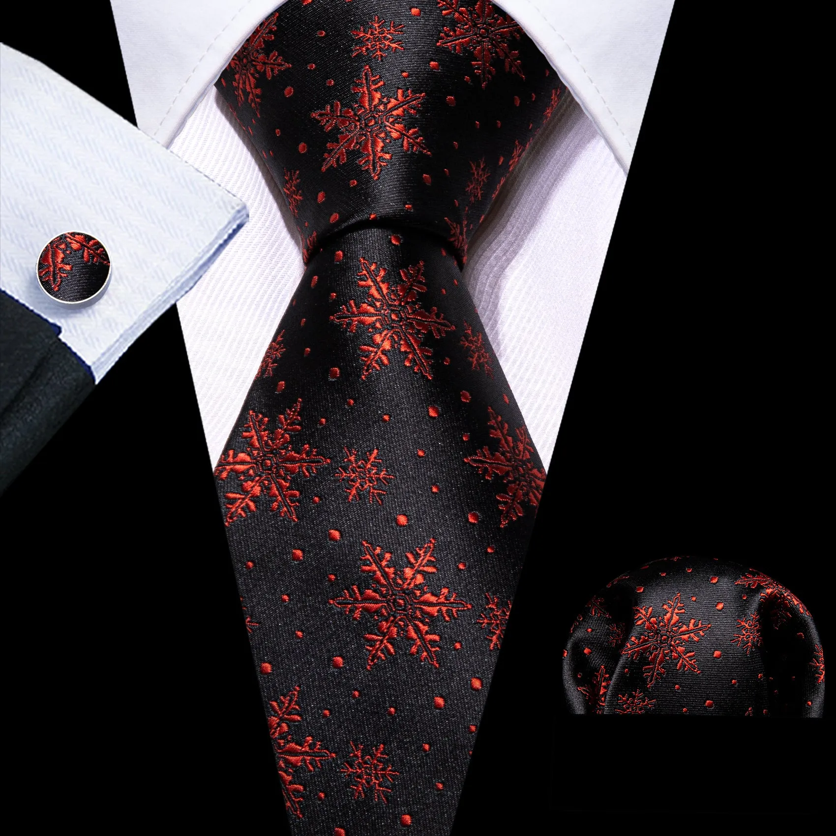 Christmas Black Red Snowflake Tie Handkerchief Cufflinks Set sold by Barrywang