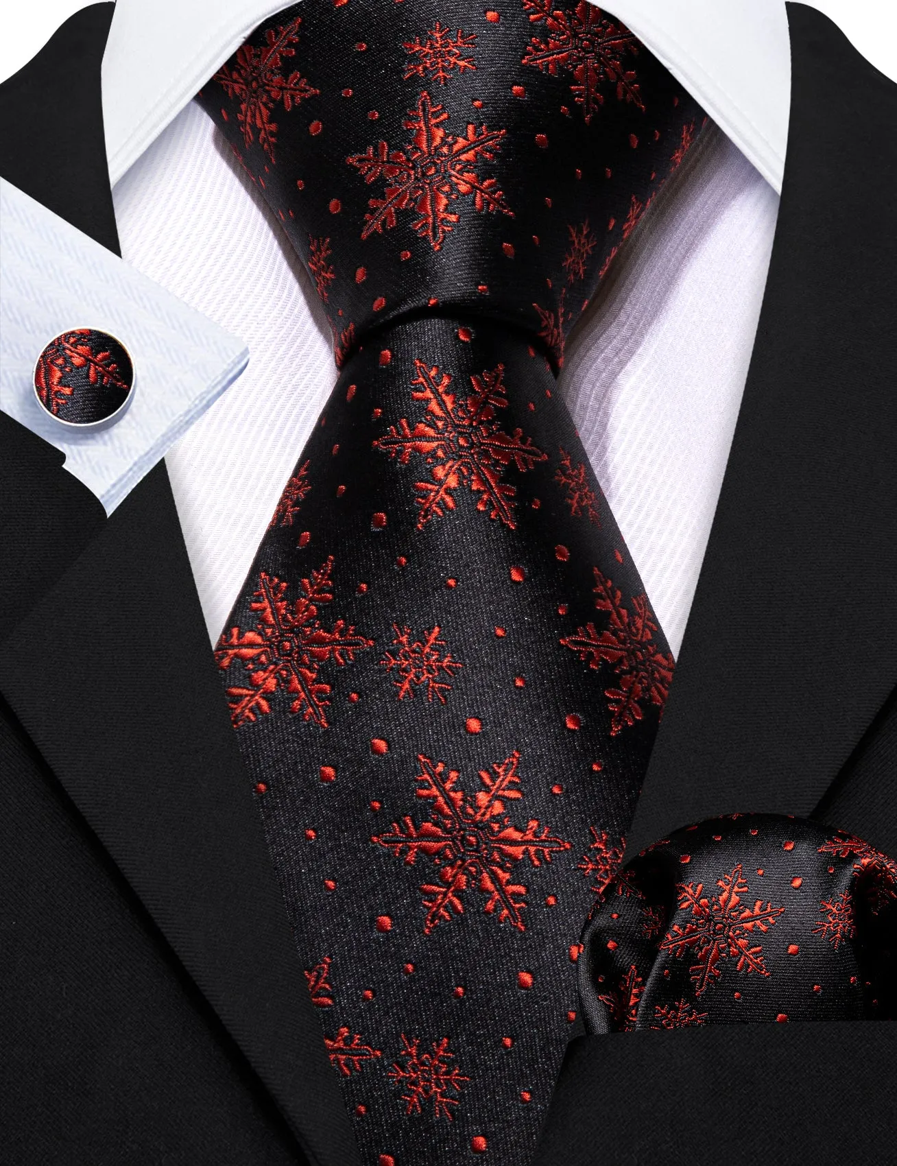 Christmas Black Red Snowflake Tie Handkerchief Cufflinks Set sold by Barrywang product image thumbnail 3