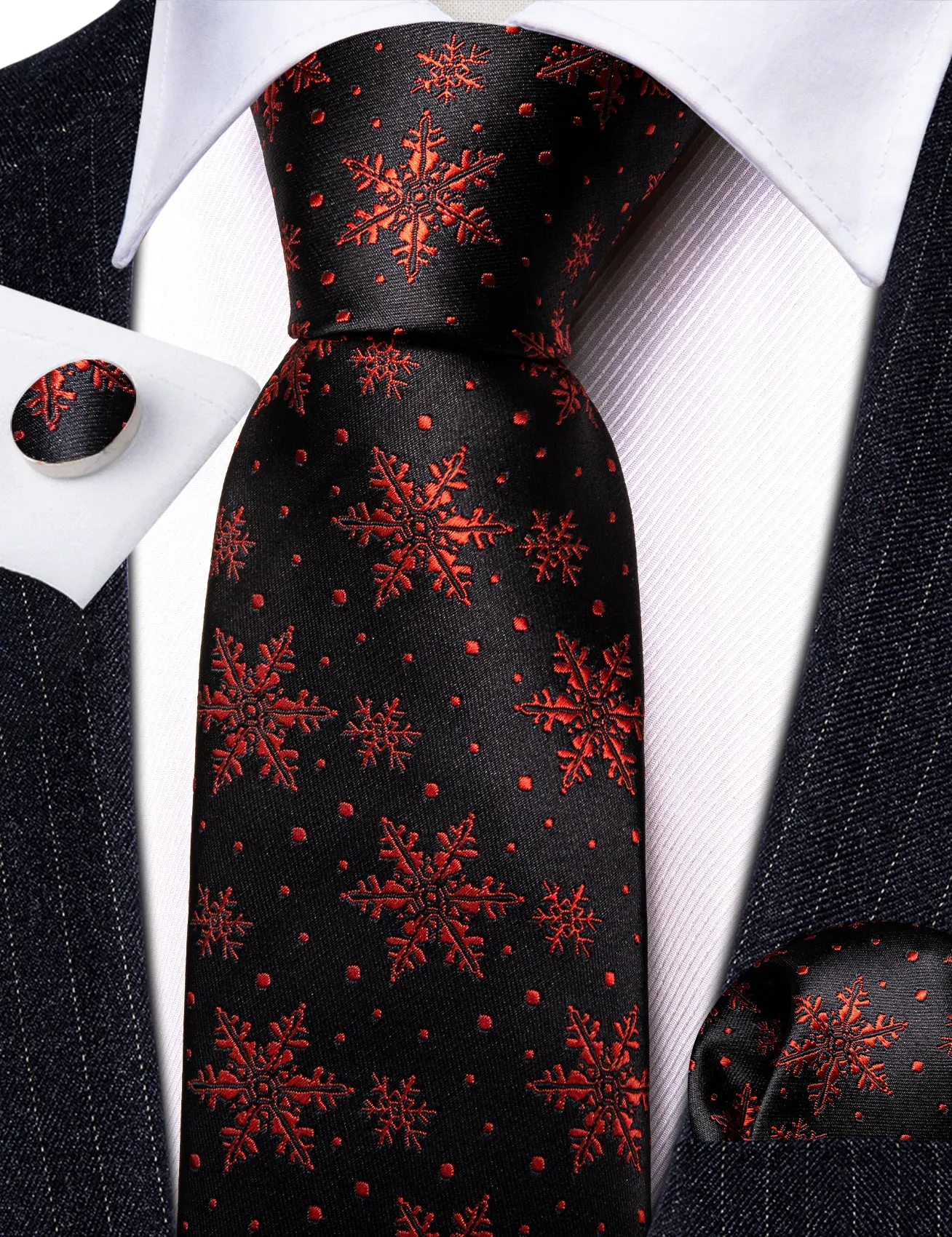 Christmas Black Red Snowflake Tie Handkerchief Cufflinks Set sold by Barrywang product image thumbnail 4