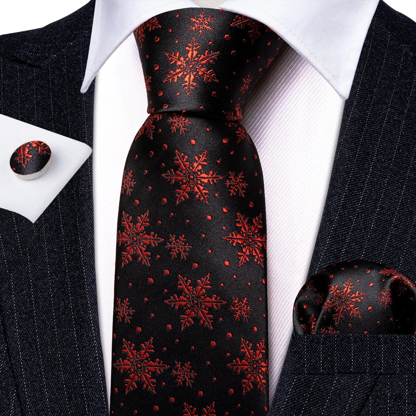Christmas Black Red Snowflake Tie Handkerchief Cufflinks Set sold by Barrywang product image thumbnail 2