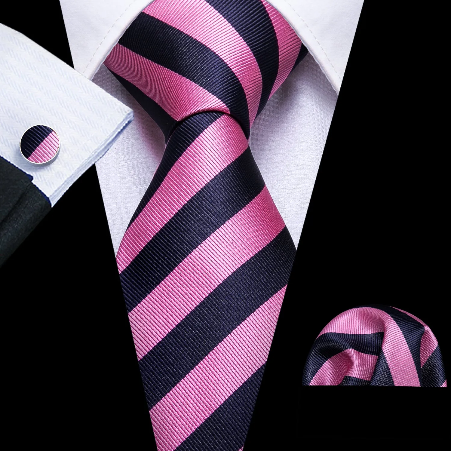 Barry. Wang Pink Striped Tie Pocket Square Cufflinks Set sold by Barrywang