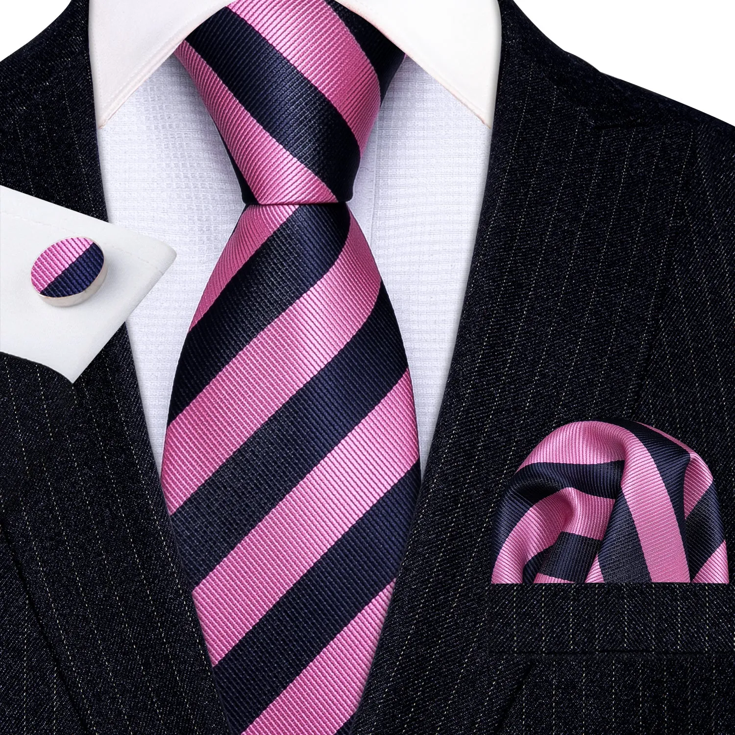 Barry. Wang Pink Striped Tie Pocket Square Cufflinks Set sold by Barrywang product image thumbnail 2