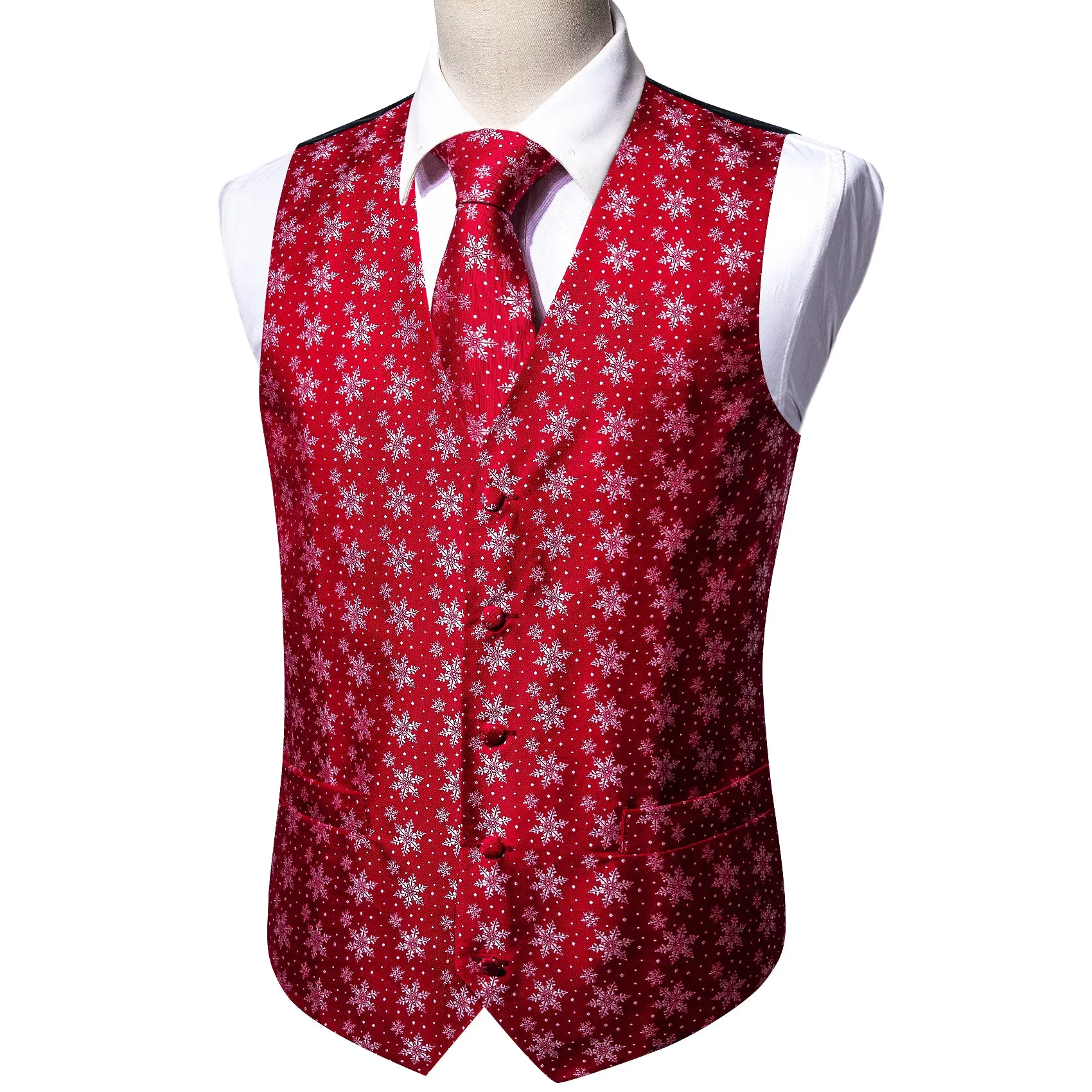 Barry. Wang Christmas Men's Red White Snowflake Silk Tie Hanky Cufflinks Waistcoat Vest Set sold by Barrywang product image thumbnail 3