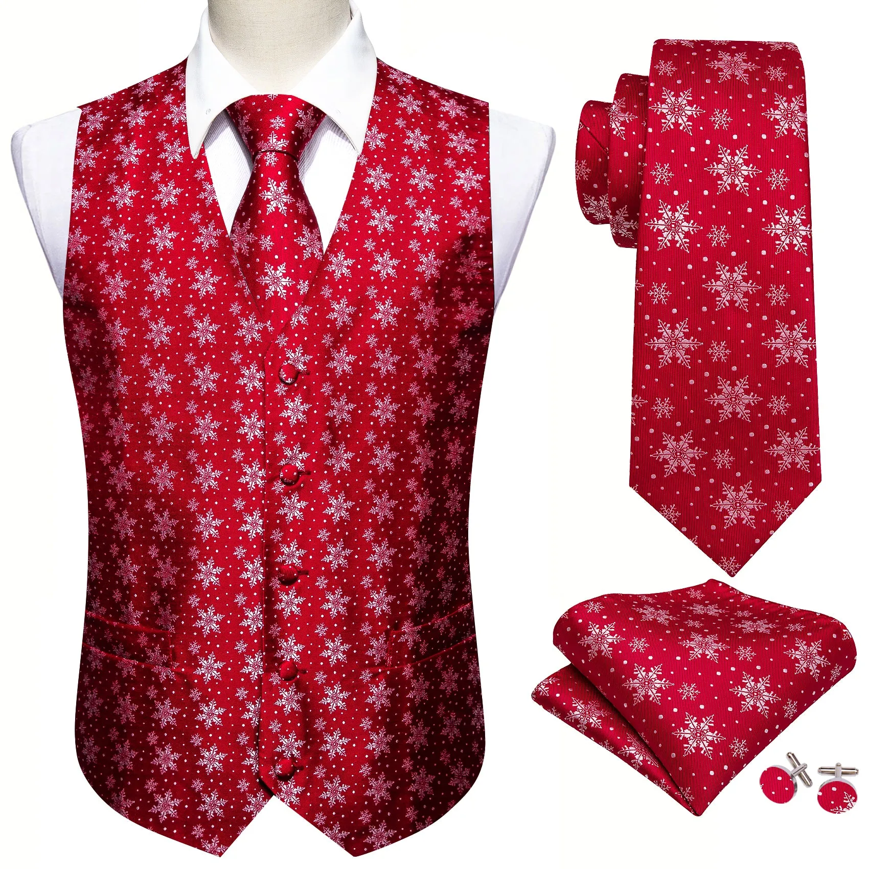Barry. Wang Christmas Men's Red White Snowflake Silk Tie Hanky Cufflinks Waistcoat Vest Set sold by Barrywang product image thumbnail 4