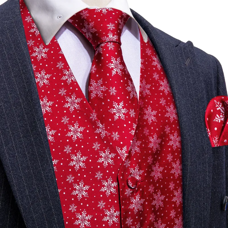 Barry. Wang Christmas Men's Red White Snowflake Silk Tie Hanky Cufflinks Waistcoat Vest Set made by Barrywang
