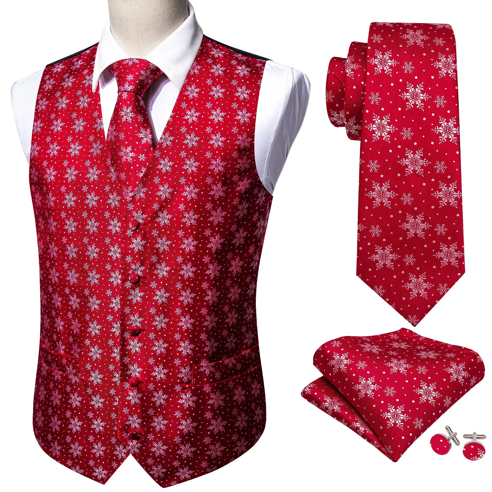 Barry. Wang Christmas Men's Red White Snowflake Silk Tie Hanky Cufflinks Waistcoat Vest Set sold by Barrywang product image thumbnail 5