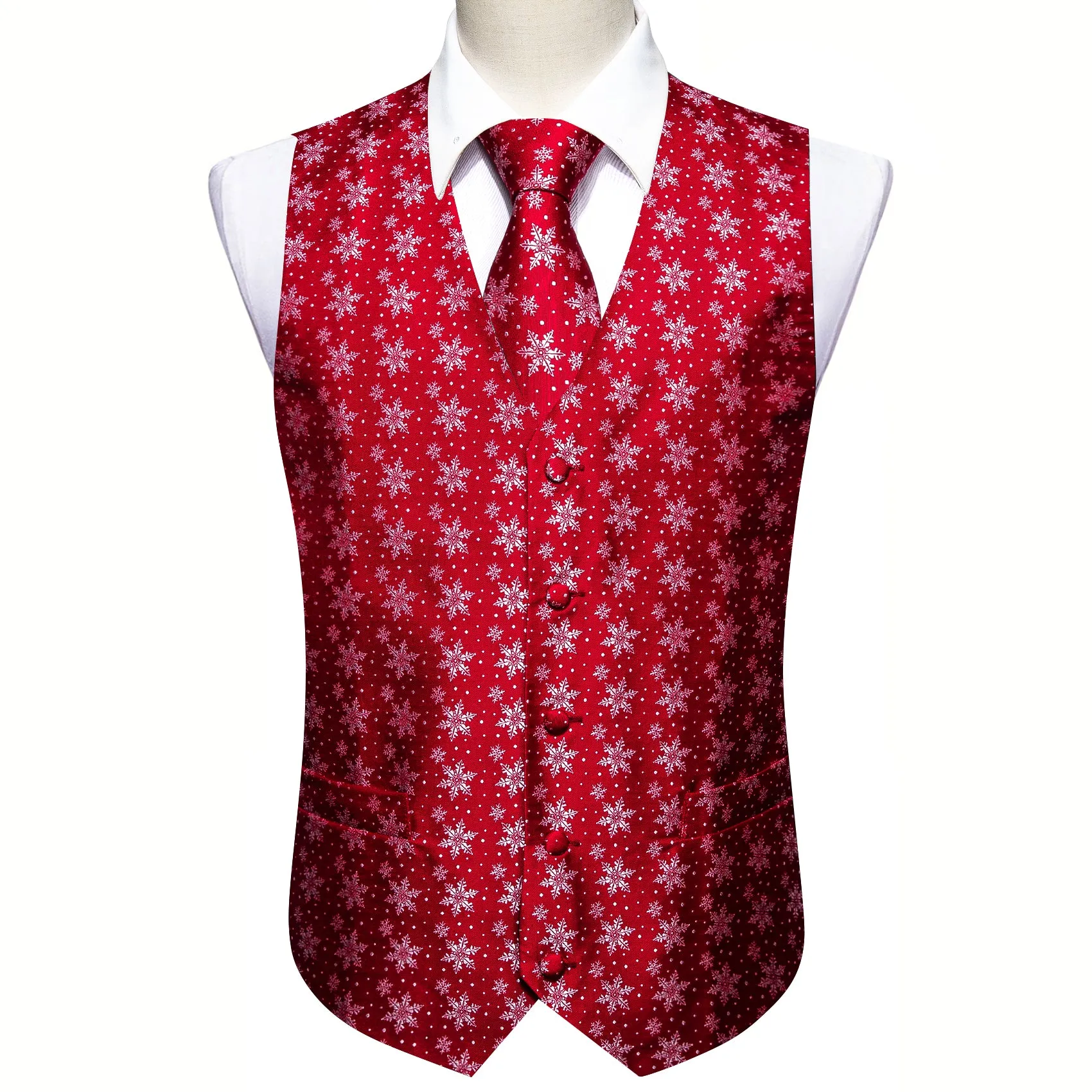Barry. Wang Christmas Men's Red White Snowflake Silk Tie Hanky Cufflinks Waistcoat Vest Set sold by Barrywang product image thumbnail 2