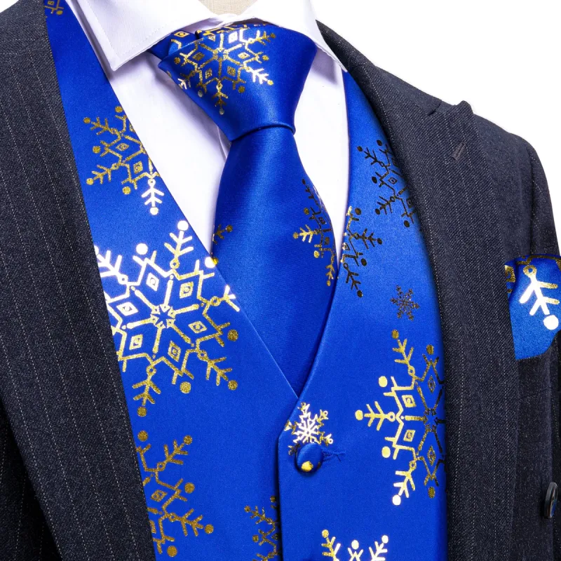 Christmas Blue Gold Xmas Snowflake Waistcoat Vest Tie Hanky Cufflinks Set sold by Barrywang