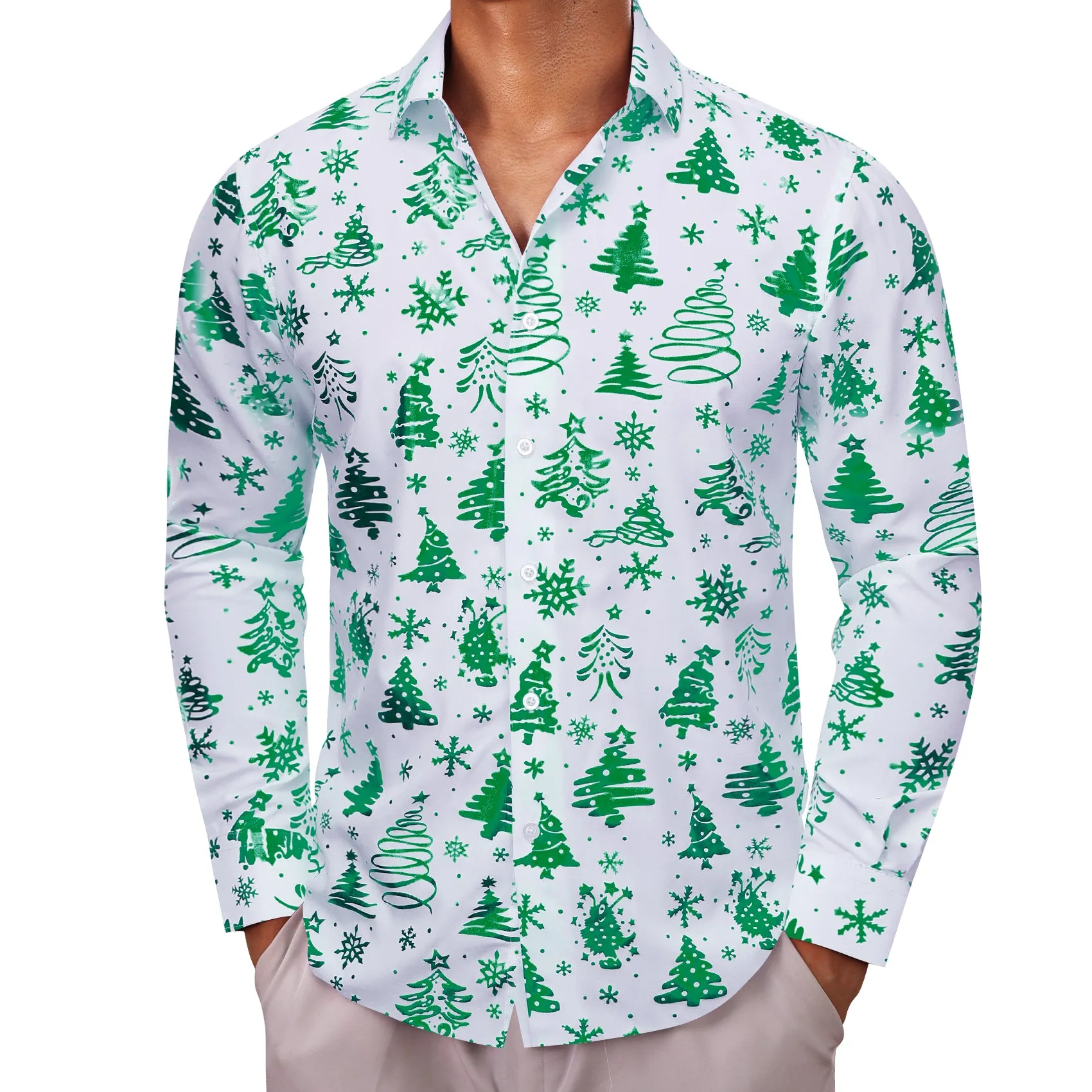Christmas White Green Xmas Pattern Floral Silk Men's Shirt sold by Barrywang product image thumbnail 5