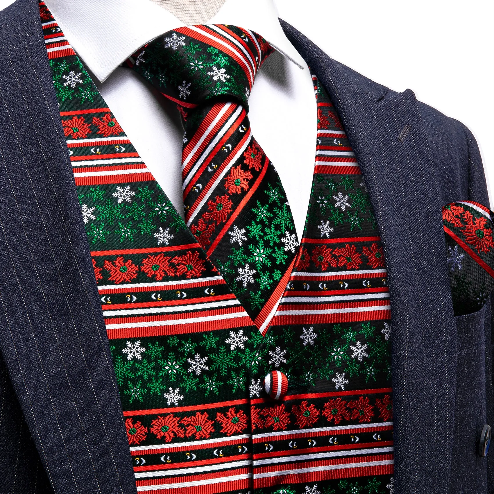 Barry.wang Men's Vest Red Green Christmas Element Silk Tie Vest Set sold by Barrywang