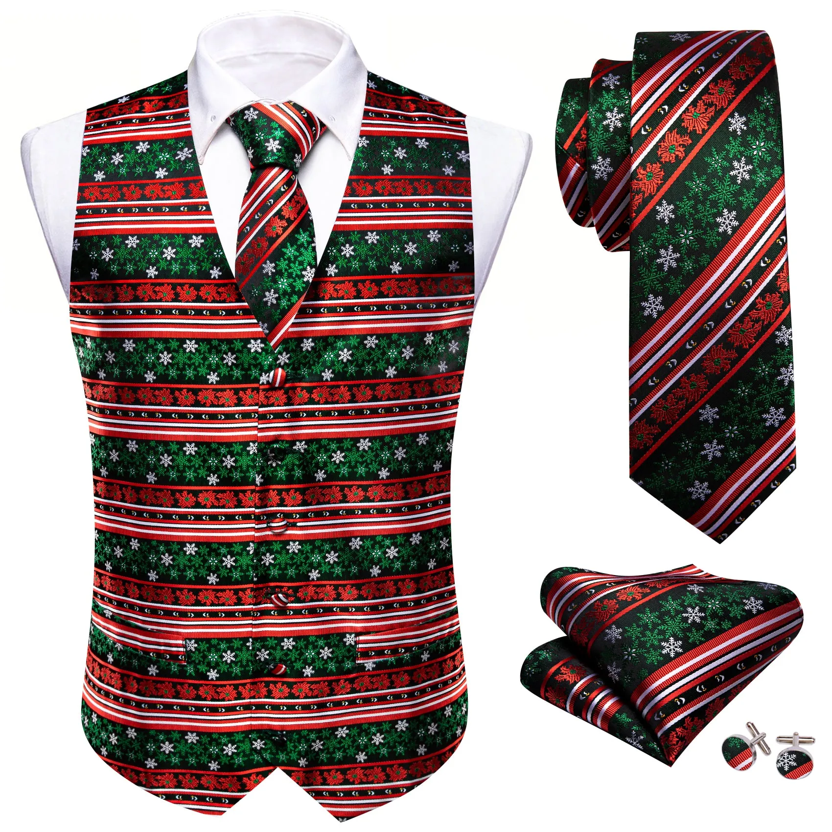 Barry.wang Men's Vest Red Green Christmas Element Silk Tie Vest Set sold by Barrywang product image thumbnail 2