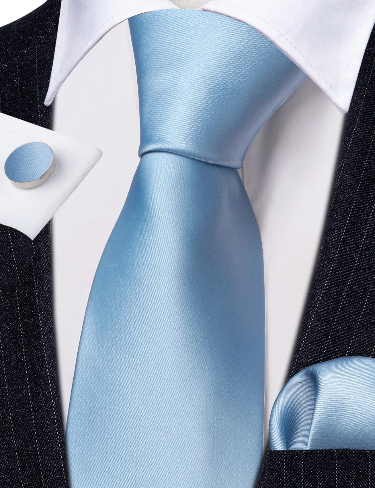 Bright Blue Solid Silk Tie Handkerchief Cufflinks Set For Men sold by Barrywang product image thumbnail 2