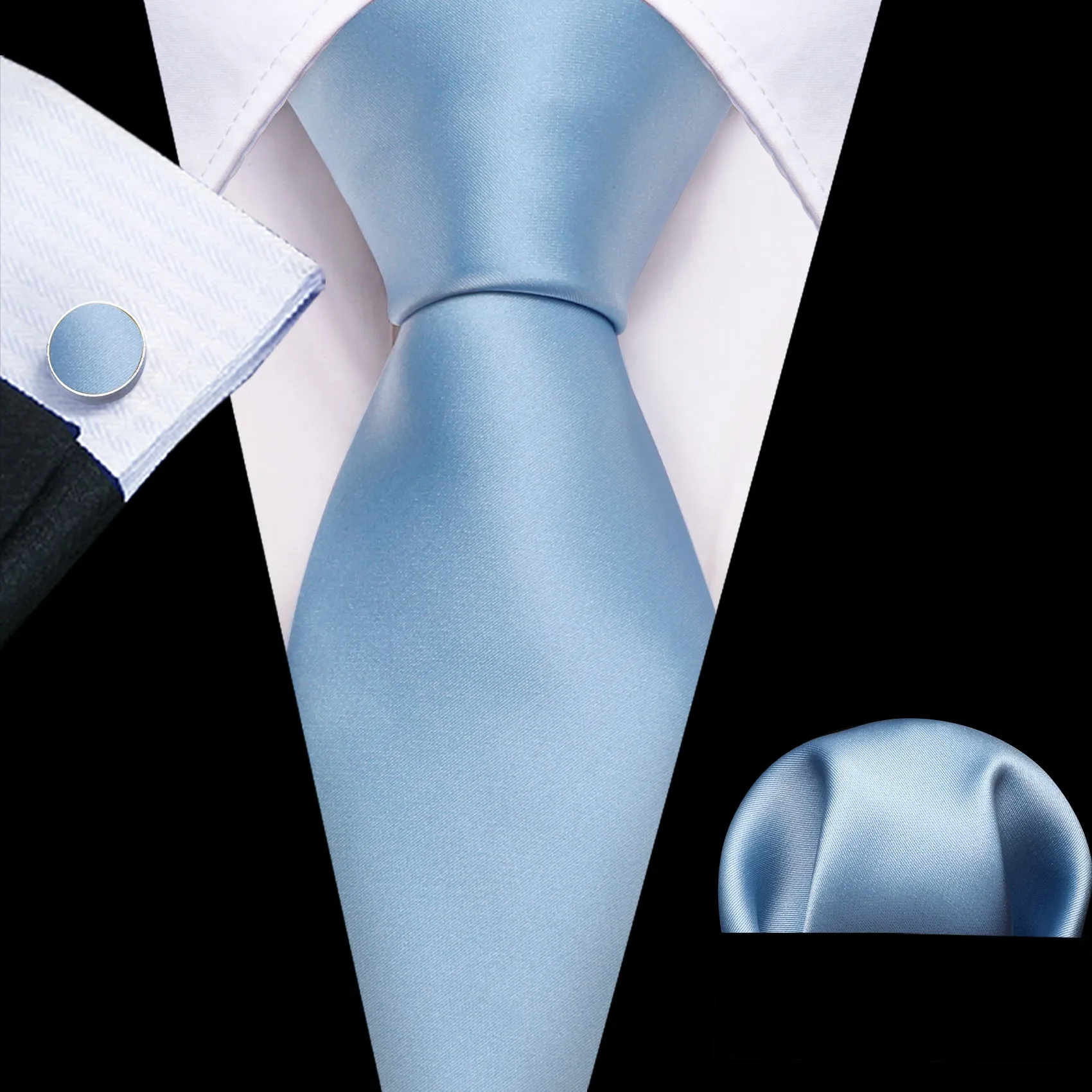 Bright Blue Solid Silk Tie Handkerchief Cufflinks Set For Men sold by Barrywang