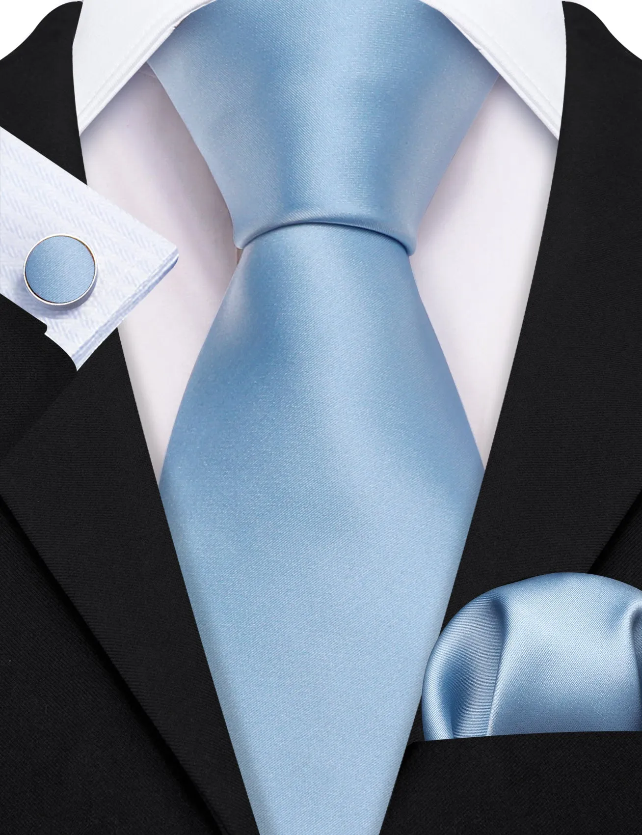 Bright Blue Solid Silk Tie Handkerchief Cufflinks Set For Men sold by Barrywang product image thumbnail 3