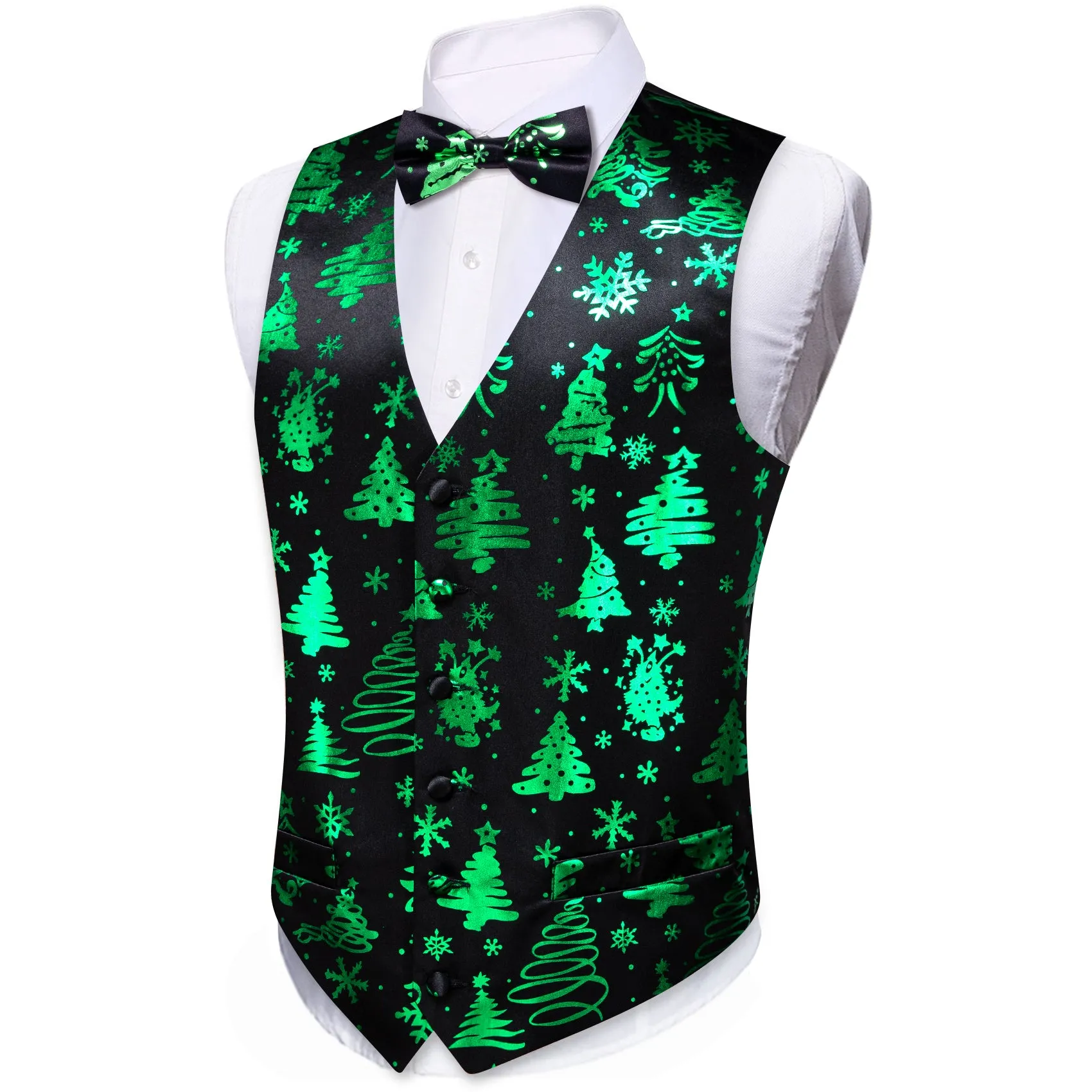 Christmas Black Green Xmas Tree Waistcoat Vest Bowtie Hanky Cufflinks Set sold by Barrywang product image thumbnail 3