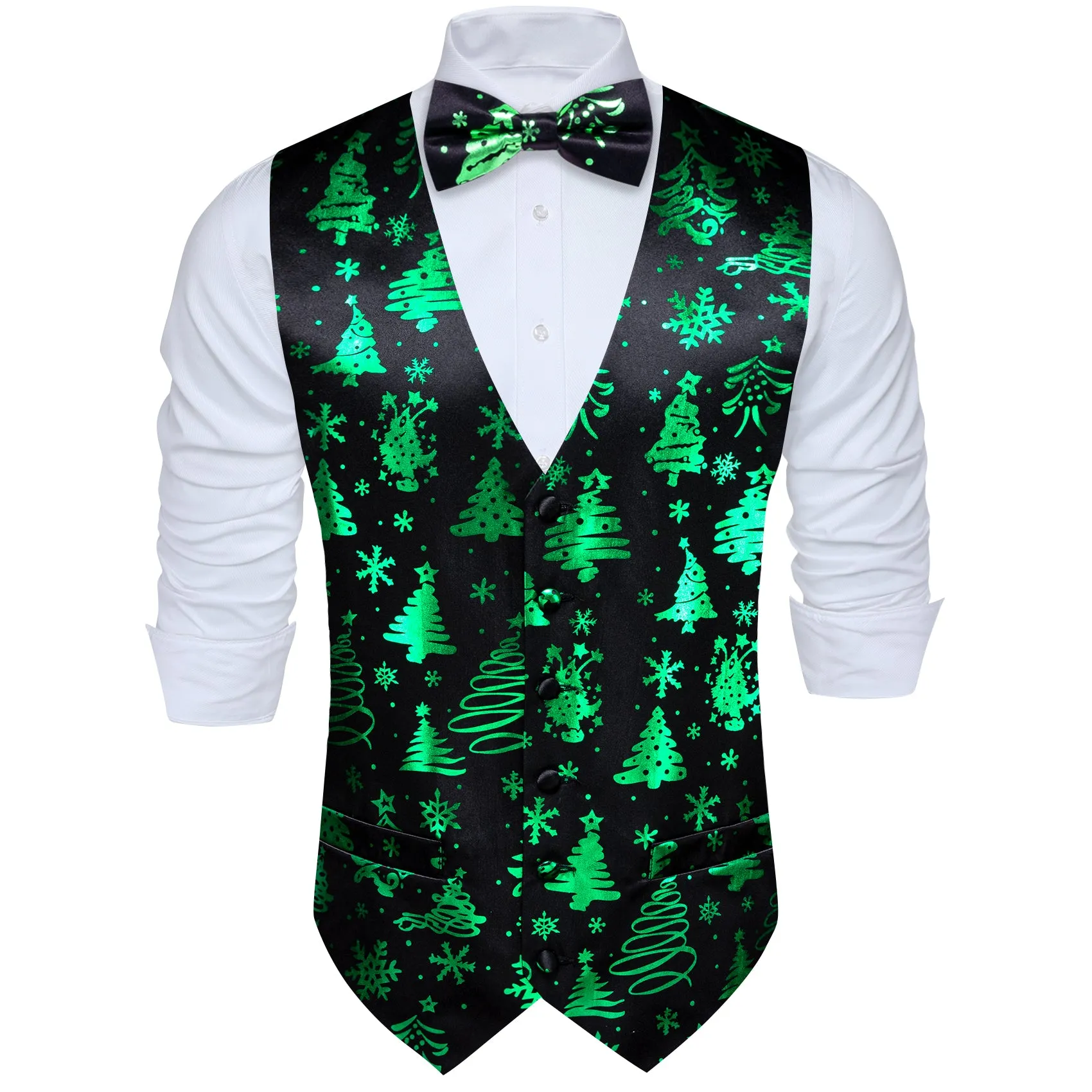 Christmas Black Green Xmas Tree Waistcoat Vest Bowtie Hanky Cufflinks Set sold by Barrywang product image thumbnail 4
