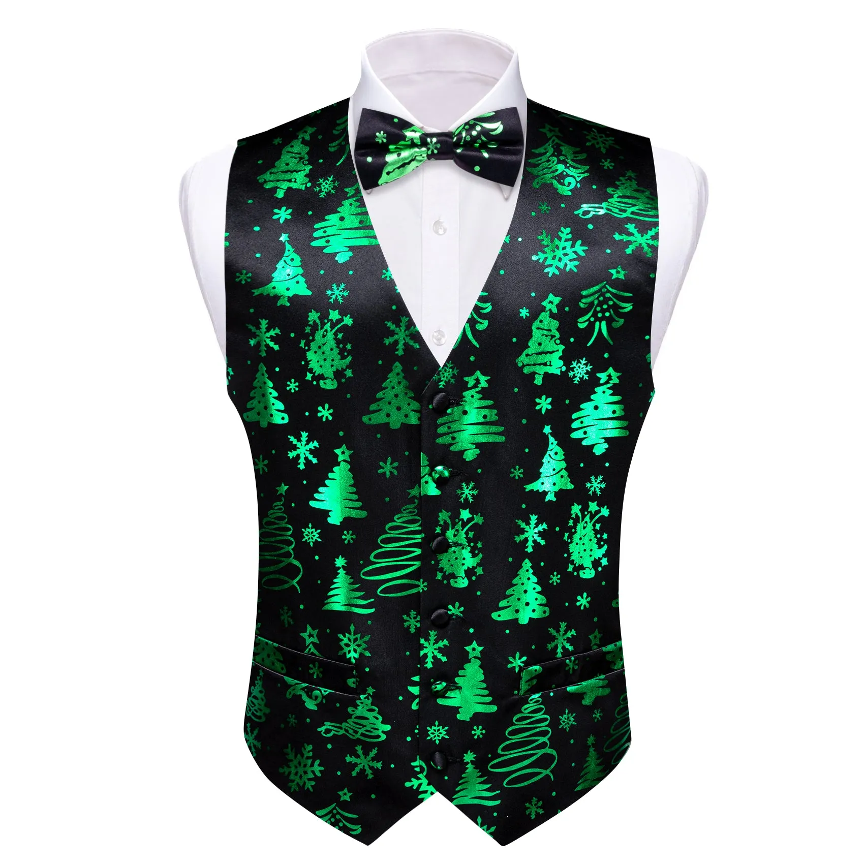 Christmas Black Green Xmas Tree Waistcoat Vest Bowtie Hanky Cufflinks Set sold by Barrywang product image thumbnail 2