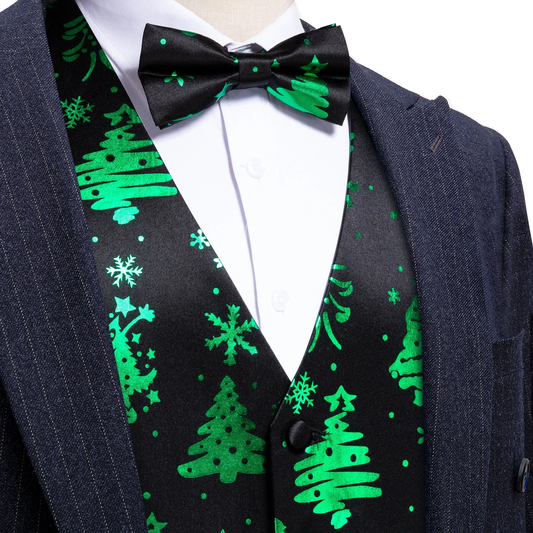 Christmas Black Green Xmas Tree Waistcoat Vest Bowtie Hanky Cufflinks Set sold by Barrywang
