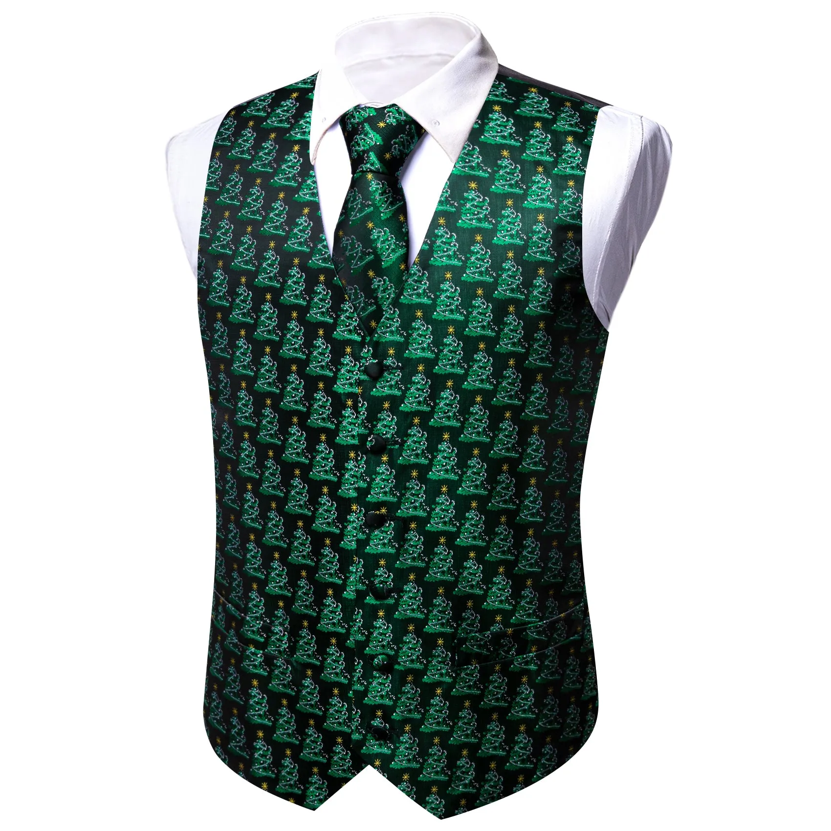 Christmas Green Tree Silk Tie Waistcoat Vest Hanky Cufflinks Set sold by Barrywang product image thumbnail 3