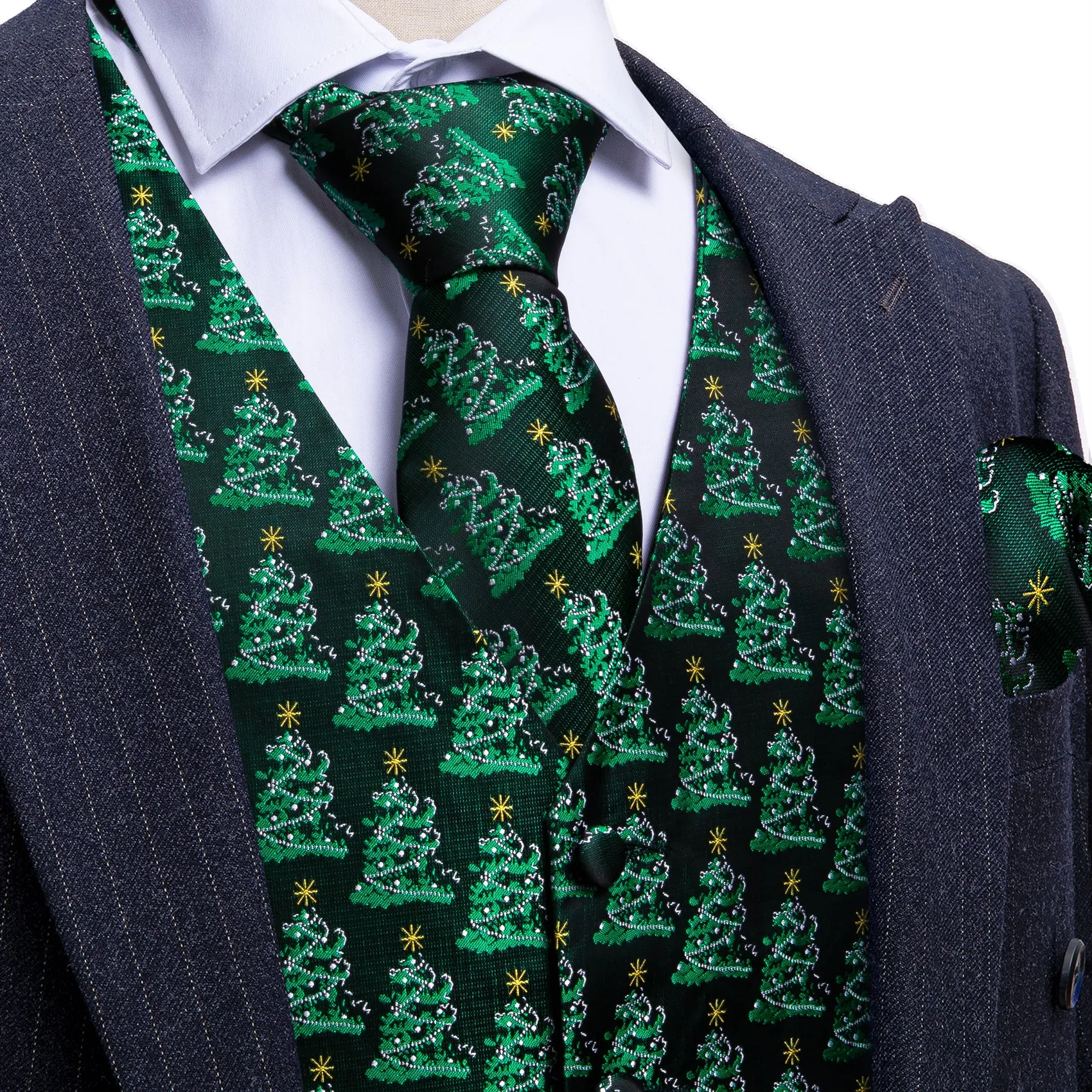 Christmas Green Tree Silk Tie Waistcoat Vest Hanky Cufflinks Set sold by Barrywang