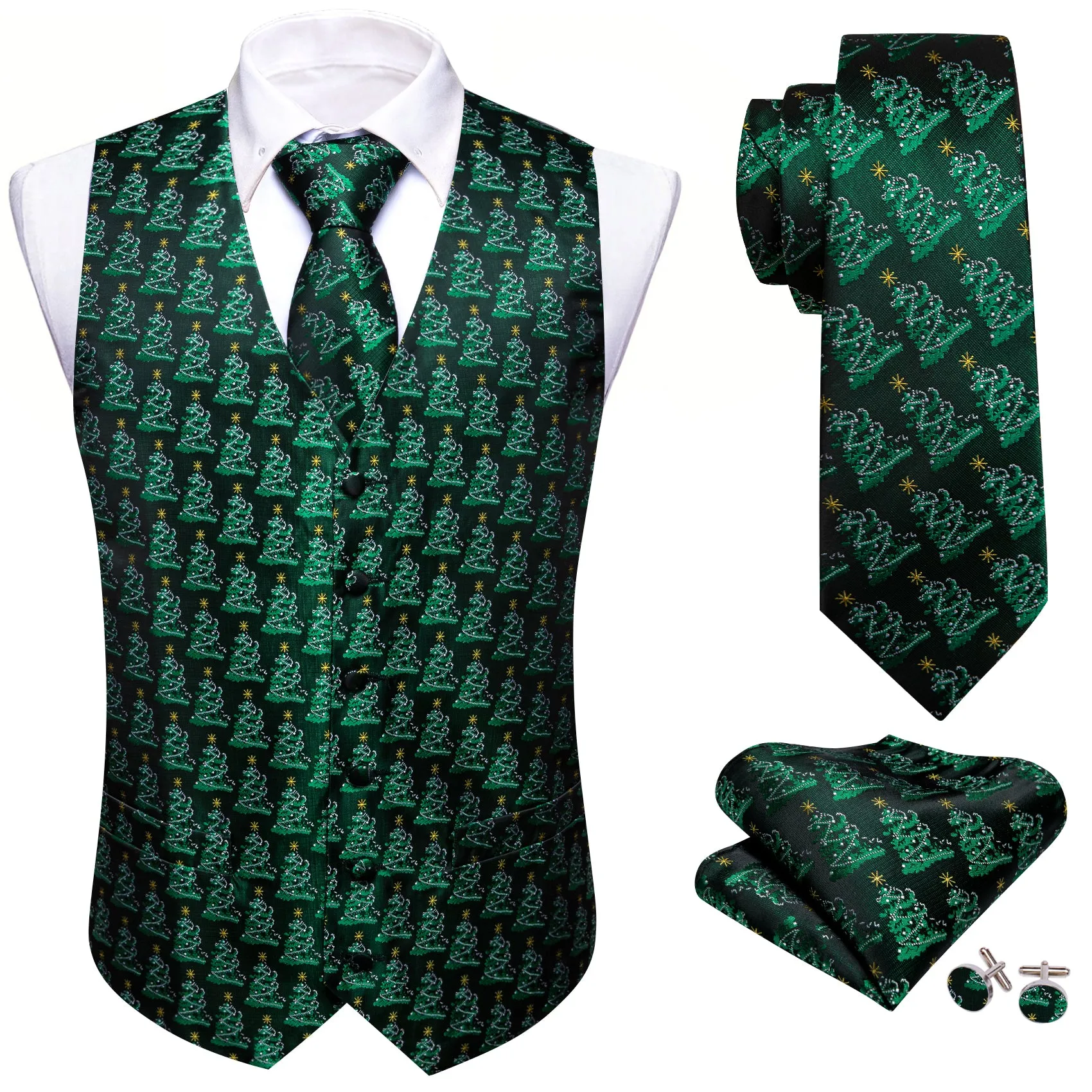 Christmas Green Tree Silk Tie Waistcoat Vest Hanky Cufflinks Set sold by Barrywang product image thumbnail 5