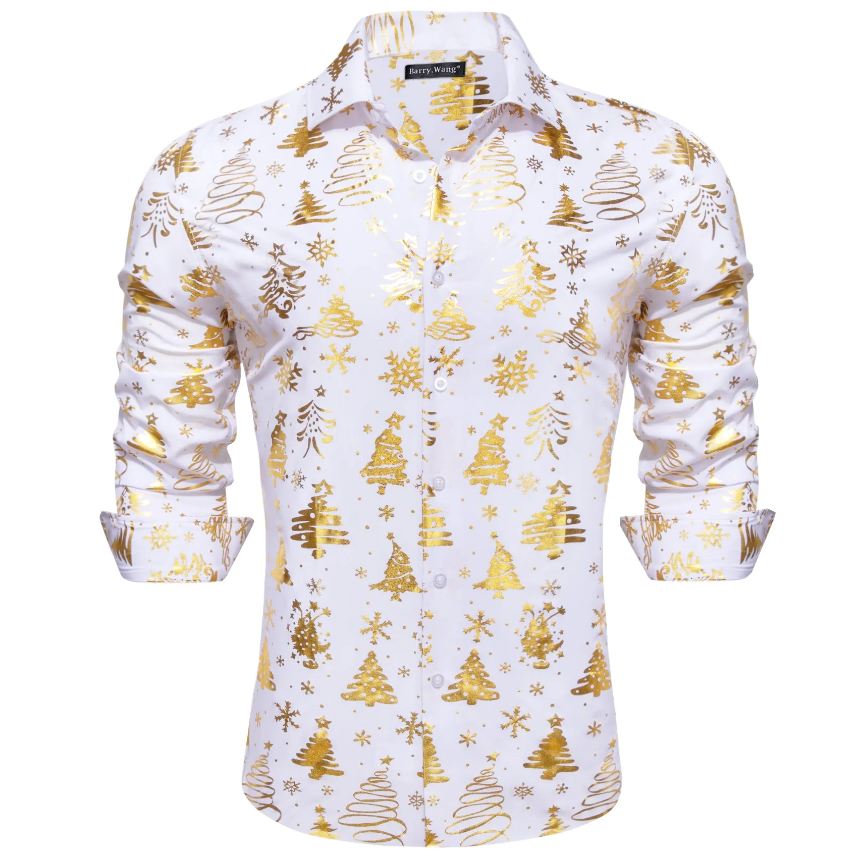 Christmas White Gold Xmas Tree Floral Silk Men's Shirt sold by Barrywang product image thumbnail 3