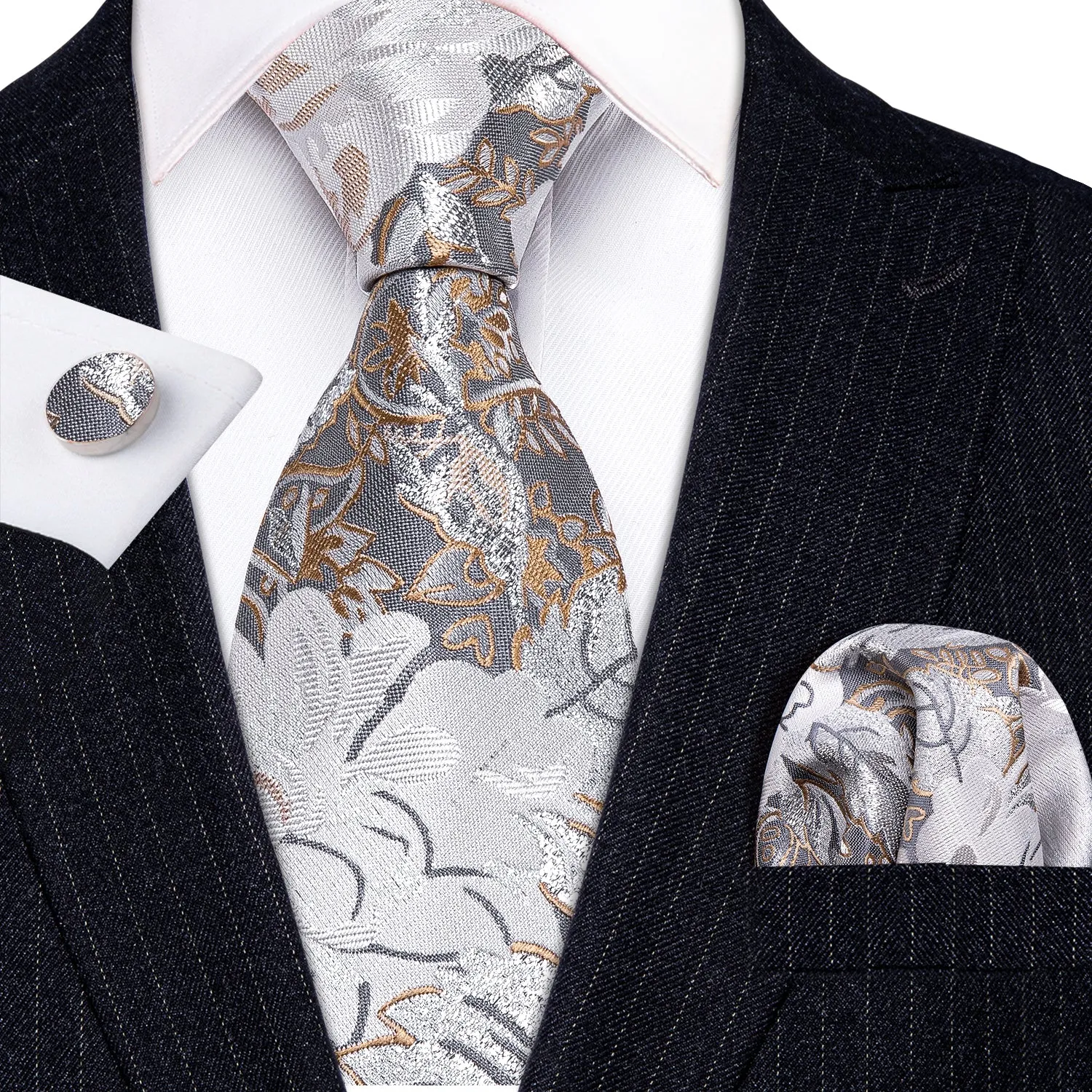 White Beige Floral Tie Pocket Square Cufflinks Set sold by Barrywang product image thumbnail 3