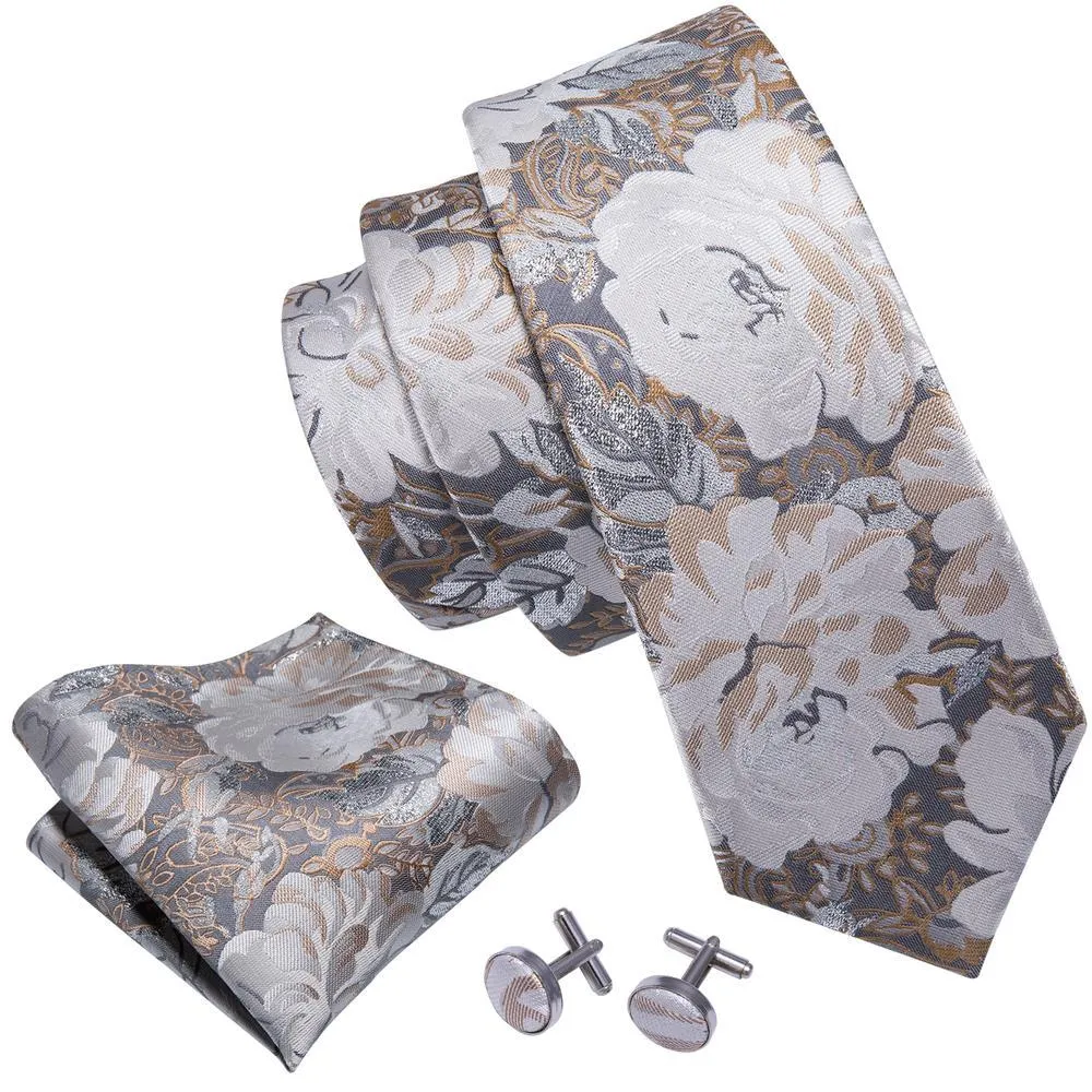 White Beige Floral Tie Pocket Square Cufflinks Set sold by Barrywang product image thumbnail 4