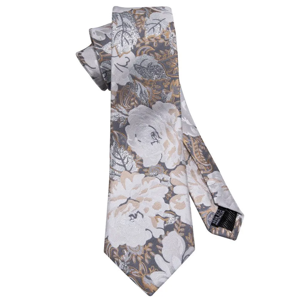 White Beige Floral Tie Pocket Square Cufflinks Set sold by Barrywang product image thumbnail 5