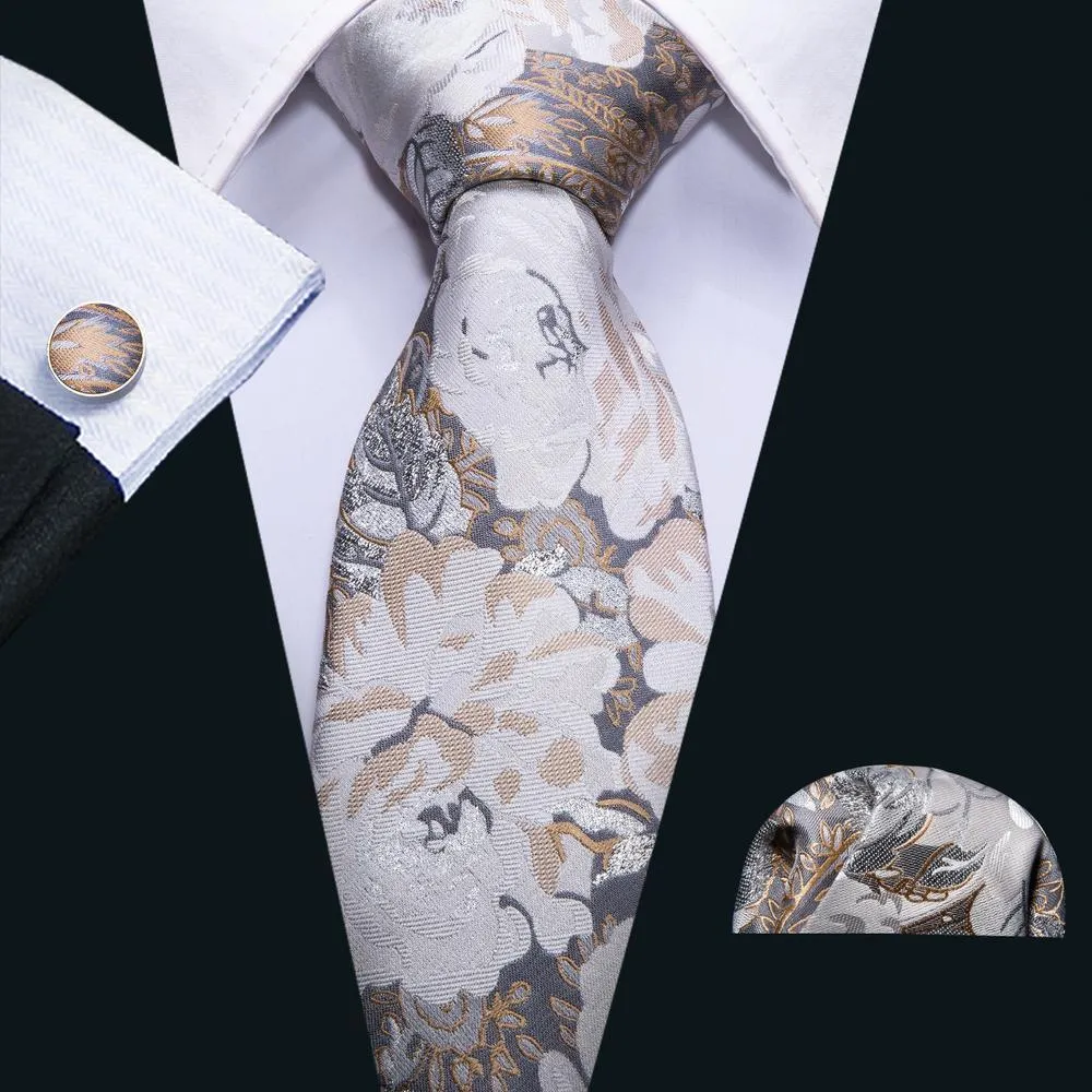 White Beige Floral Tie Pocket Square Cufflinks Set sold by Barrywang