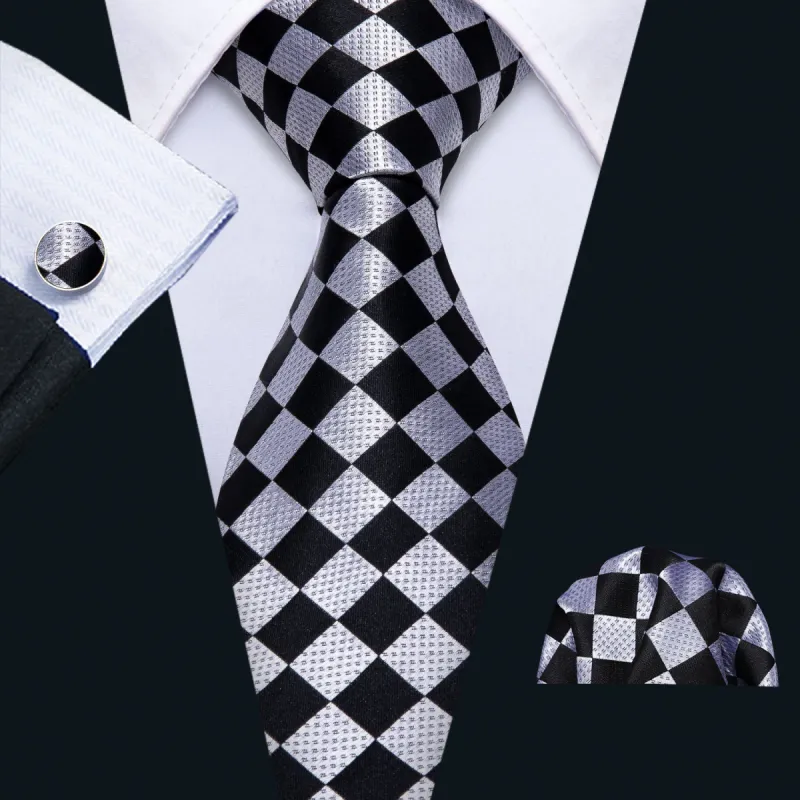 Awesome Black Plaid Tie Pocket Square Cufflinks Set sold by Barrywang