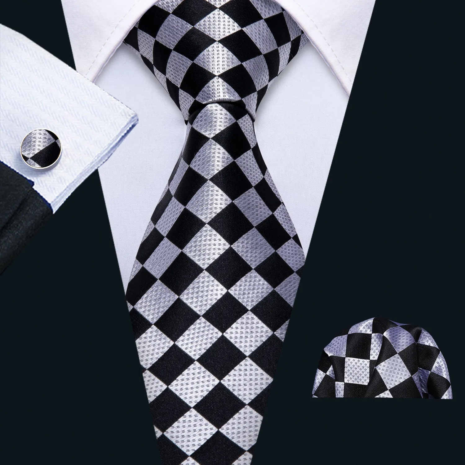 Barry. Wang Awesome Black Plaid Tie Pocket Square Cufflinks Set sold by Barrywang