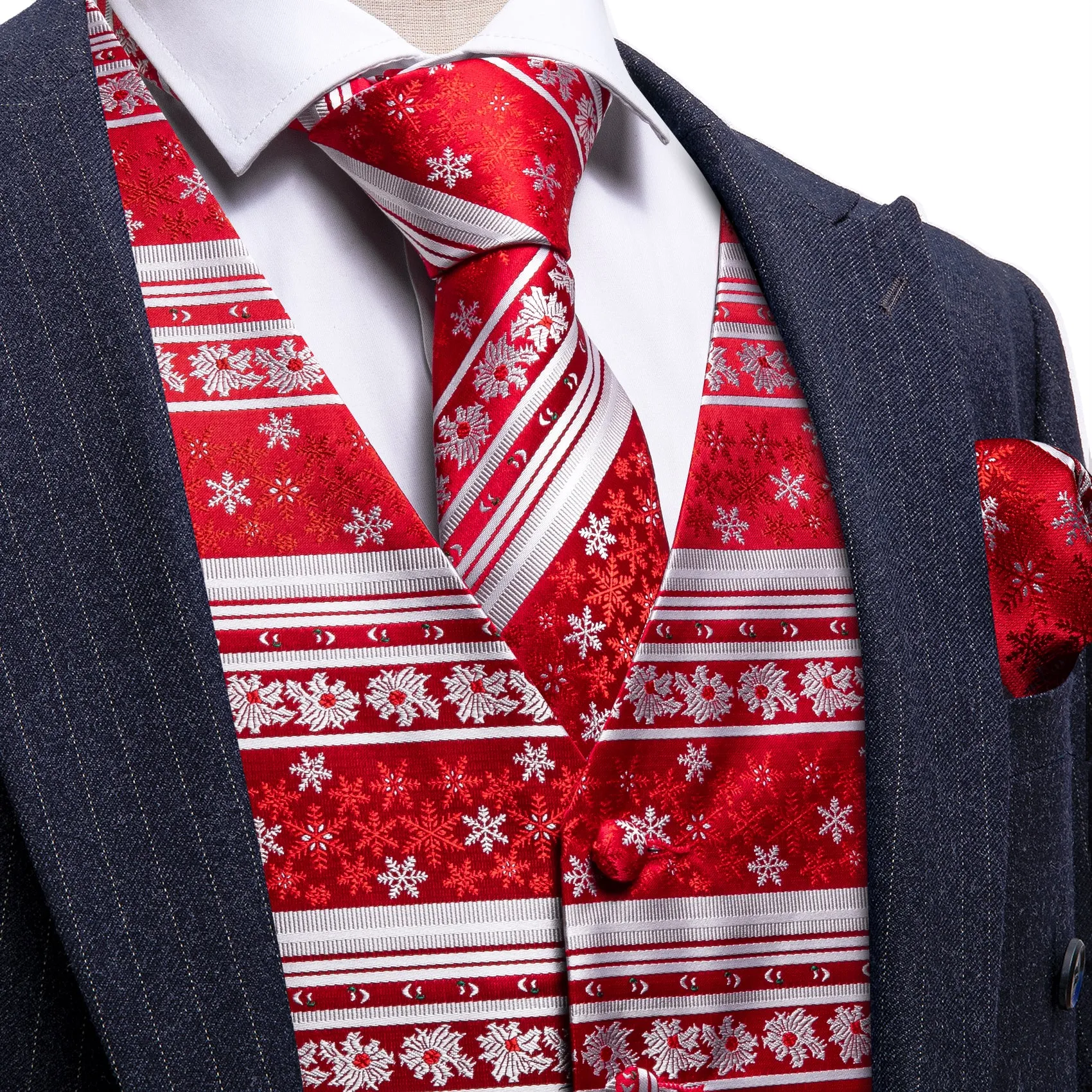 Red Silver Christmas Element Silk Tie Waistcoat Vest Hanky Cufflinks Set sold by Barrywang